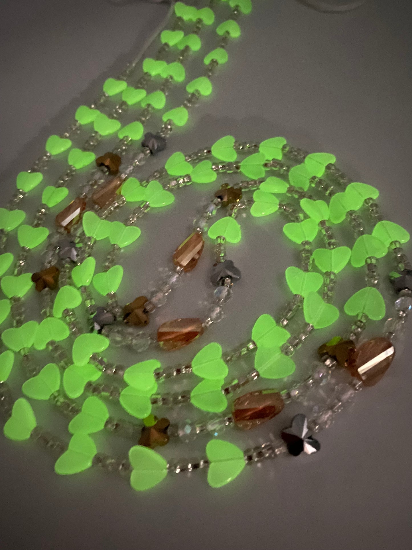 Subtle Glow in the dark Waist Beads- Hearts- Love | African Waistbeads-Tie On 45"- 50"- Price Per Waist Bead- Add to Cart Now