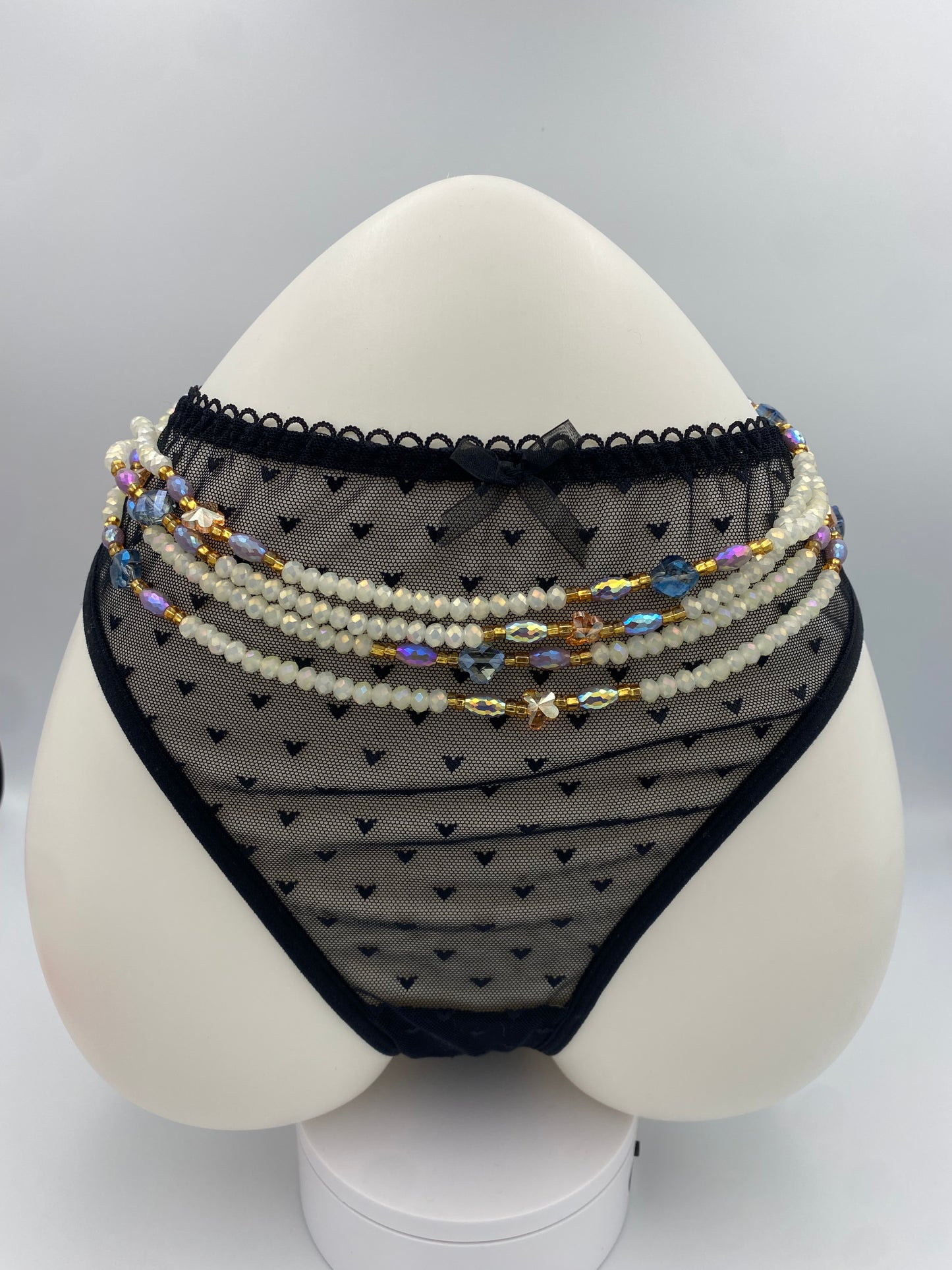 Isabela- Luxury Crystal Waistbeads, Cream & Purple -Waist Bead- Tie on Waist Bead 45”- 50”
