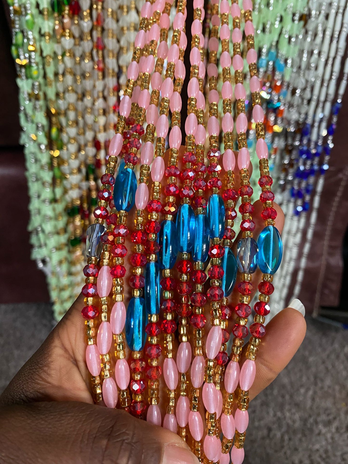 Pink Glow in the Dark Waist Bead- Crystal waist Beads- Tie on Waist Beads 45”-50”