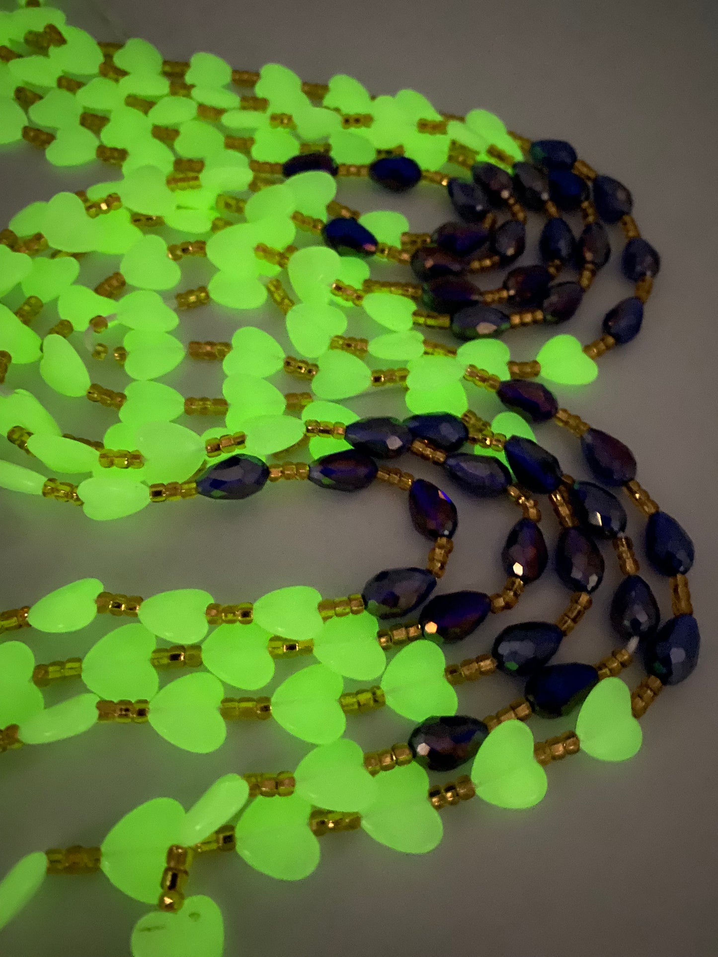 Glow in the dark Waist Beads- Blue and White- Heart waistbeads-Tie On 45"- 50"