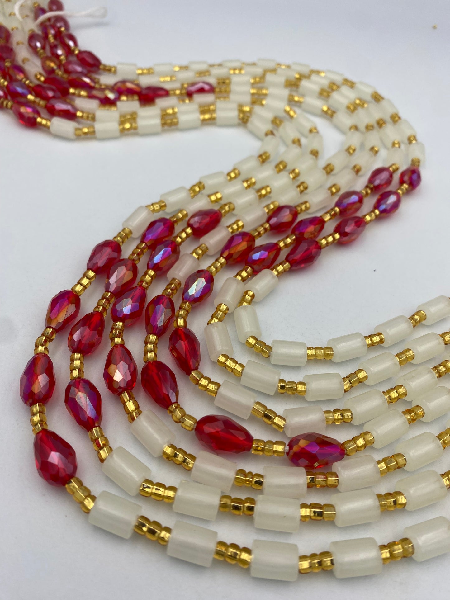 Red Crystal & White Gold Tie-On Waist Beads (45”-50”)