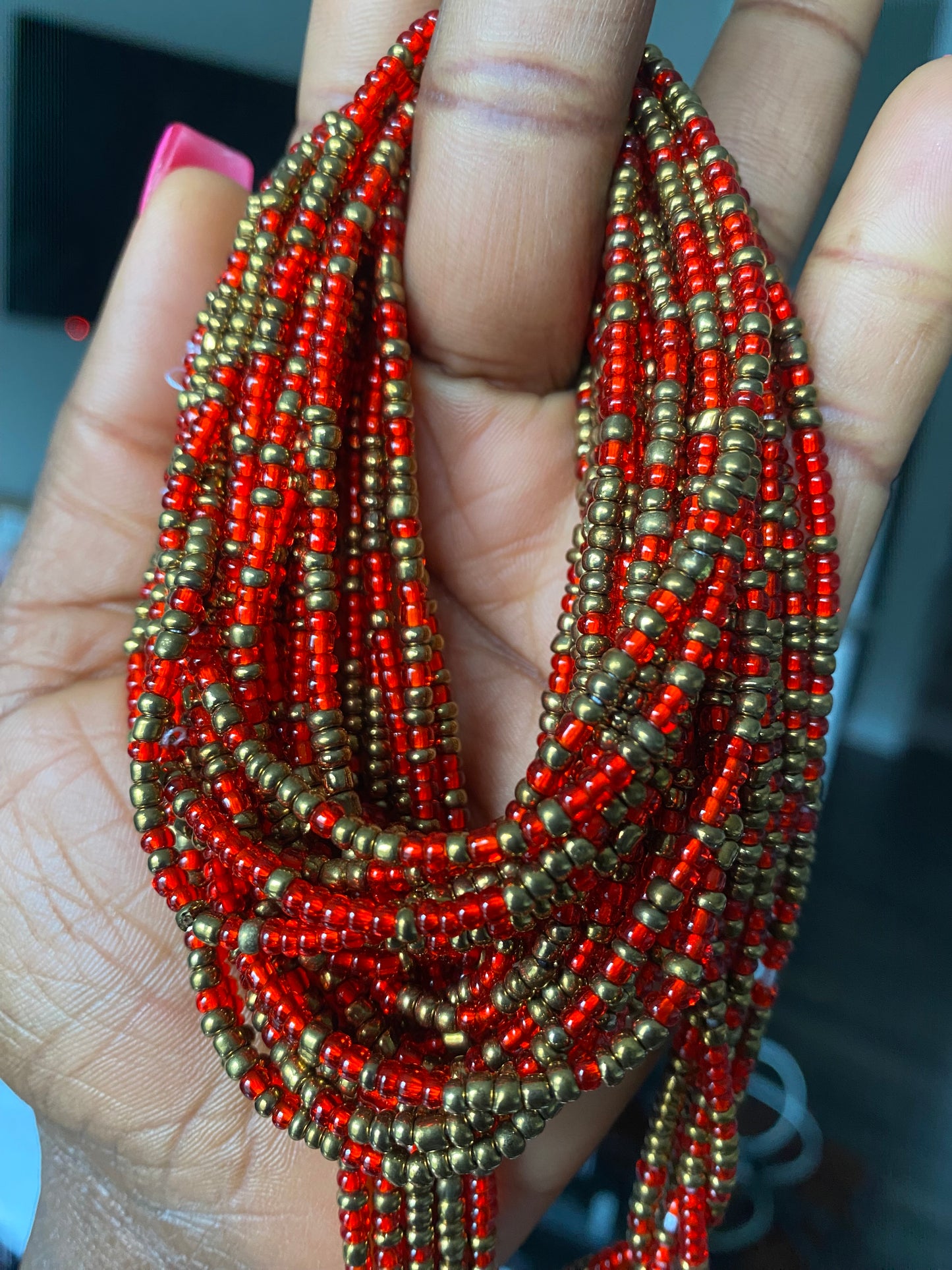 Red & Bronze | Waist Bead Tie-On | African waist bead 45"-50"