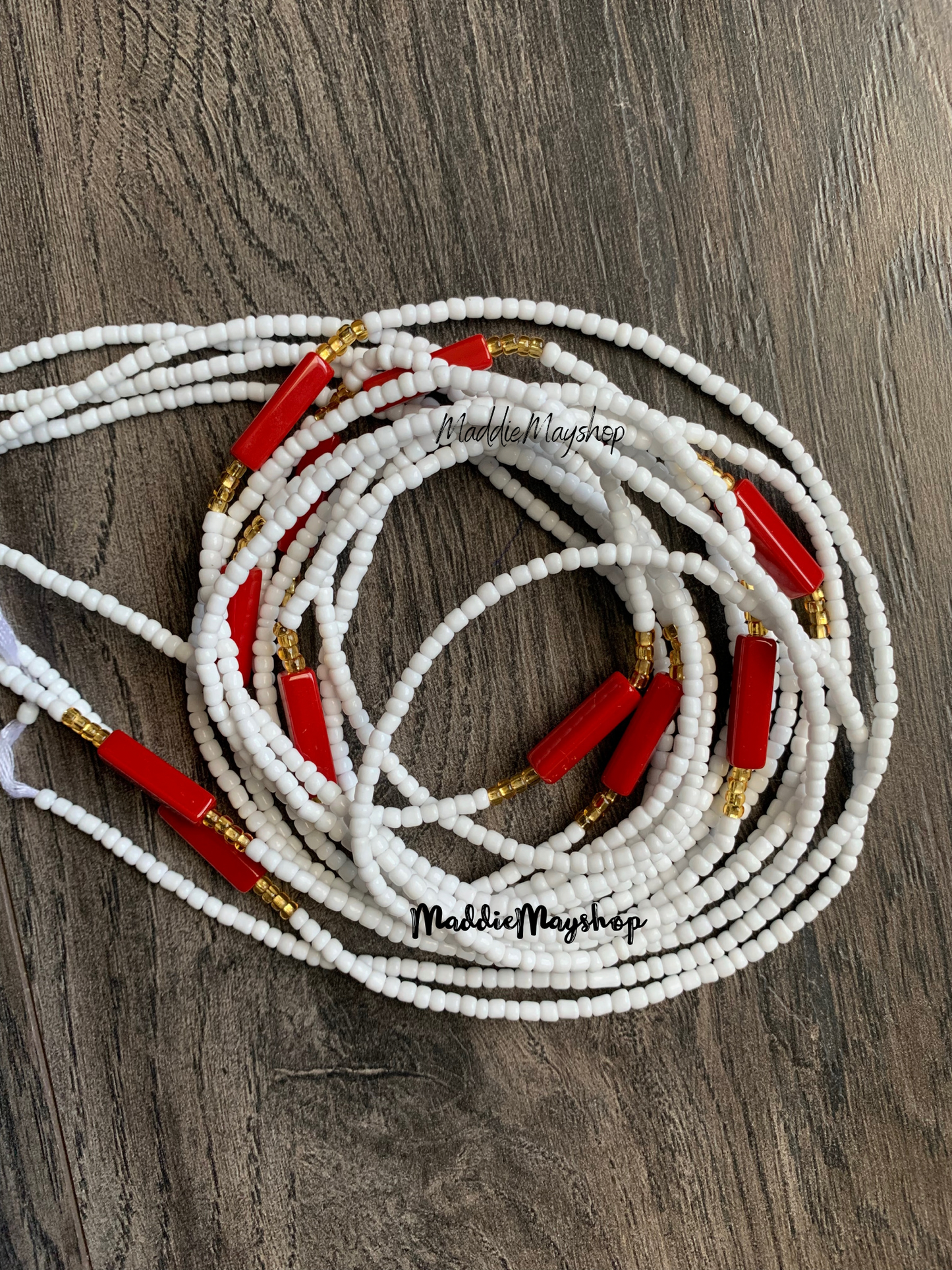 White & Red Waist Bead- Tie On 45”-50