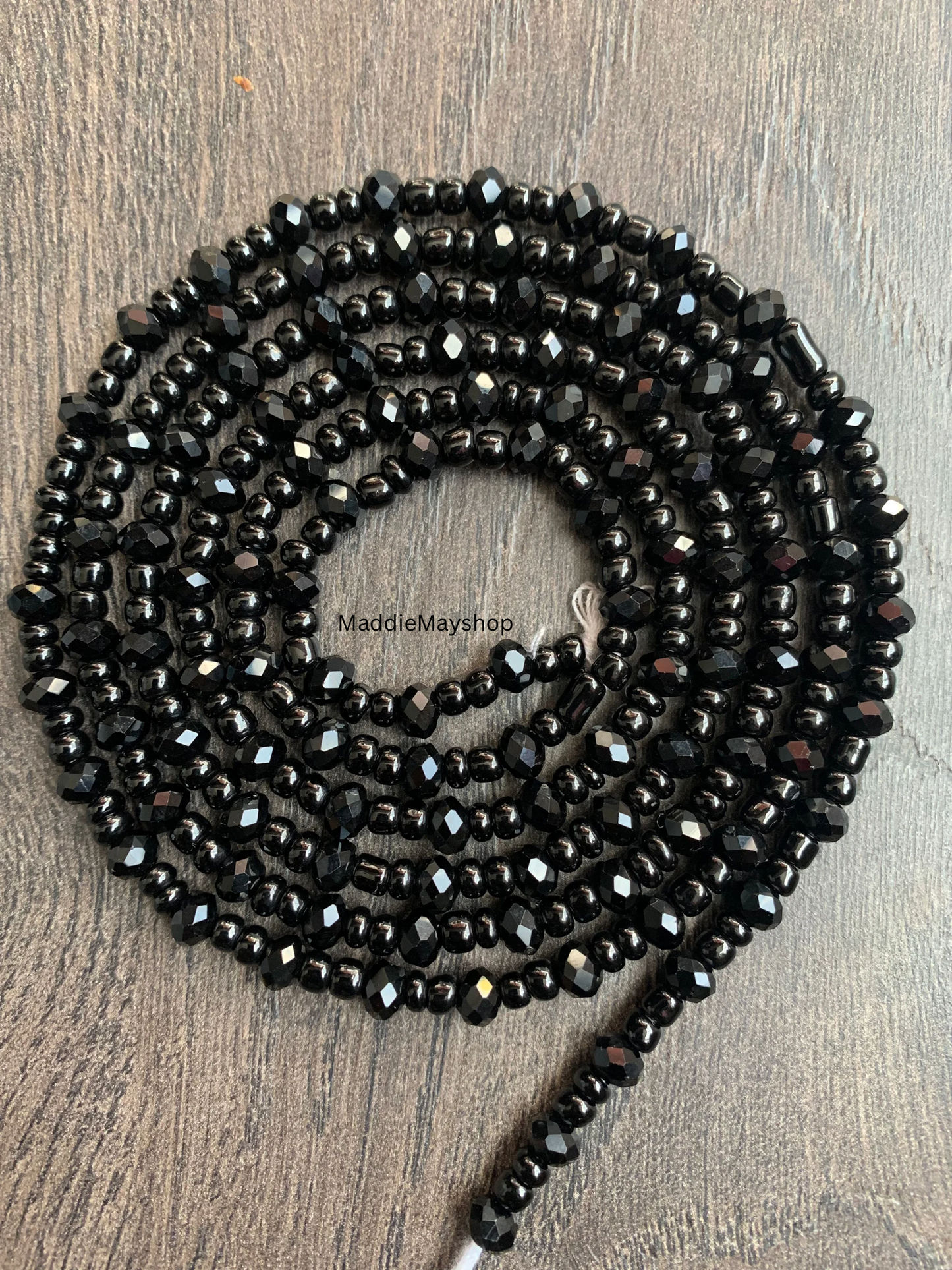 Black on Black Crystal Waist Bead- Tie On Waist Bead- 45 "