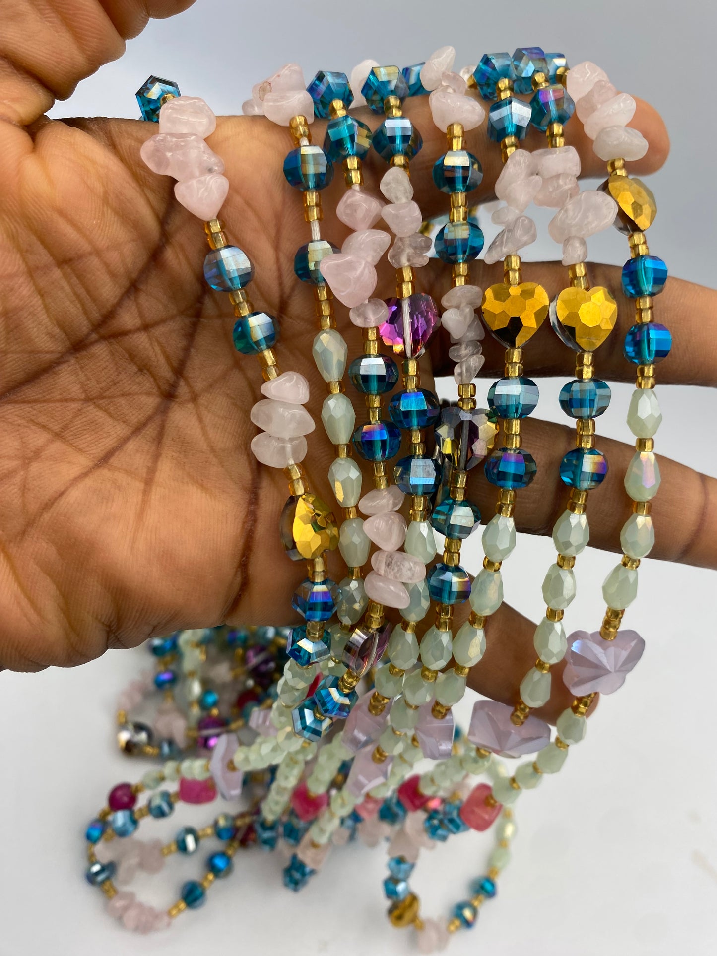 Amariah Luxury Tie-On Waist Beads 45-50 Inches | Gemstone-Inspired Waist Beads in Mint Green, Rose Quartz & Jewel Tones | Soft Feminine Jewelry