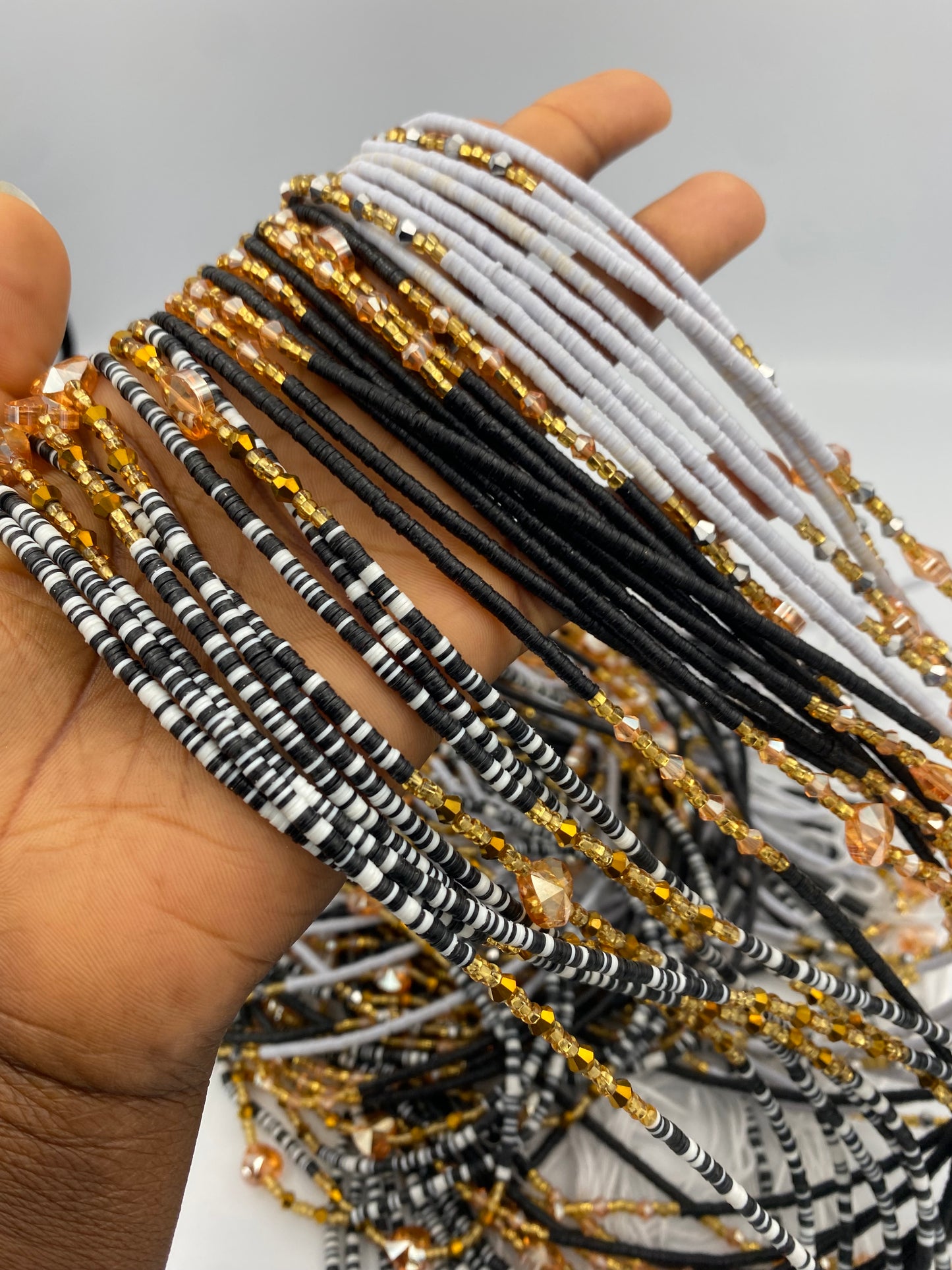 3PC Set- Black & White Vinyl Waist Bead- Clay beads- Flat disc waistbeads- 45”- 50”