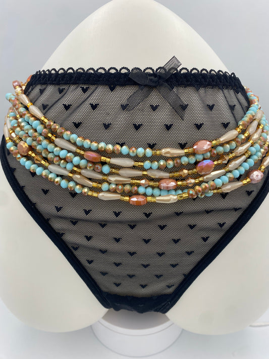 Ocean Dust Crystal Waist Beads – Handmade Tie-On Waist Bead Strand (45”–50”) | Aqua Blue, Gold & Opal Glass Beads for Women