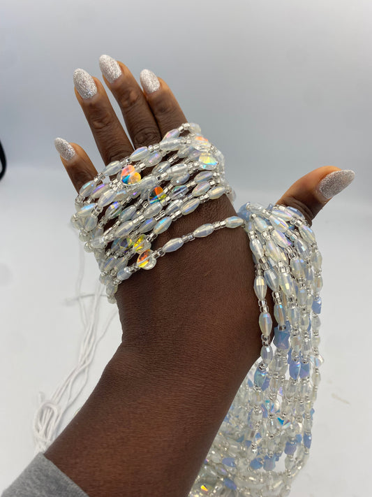 Cloud Mist | Waist Bead for the New Year |  Waist Beads – Luxury Tie-On Beaded Jewelry | Crystal & Silver with Blue | Body Adornment & Weight Tracking- PRice per WaistBead | 45–Inches