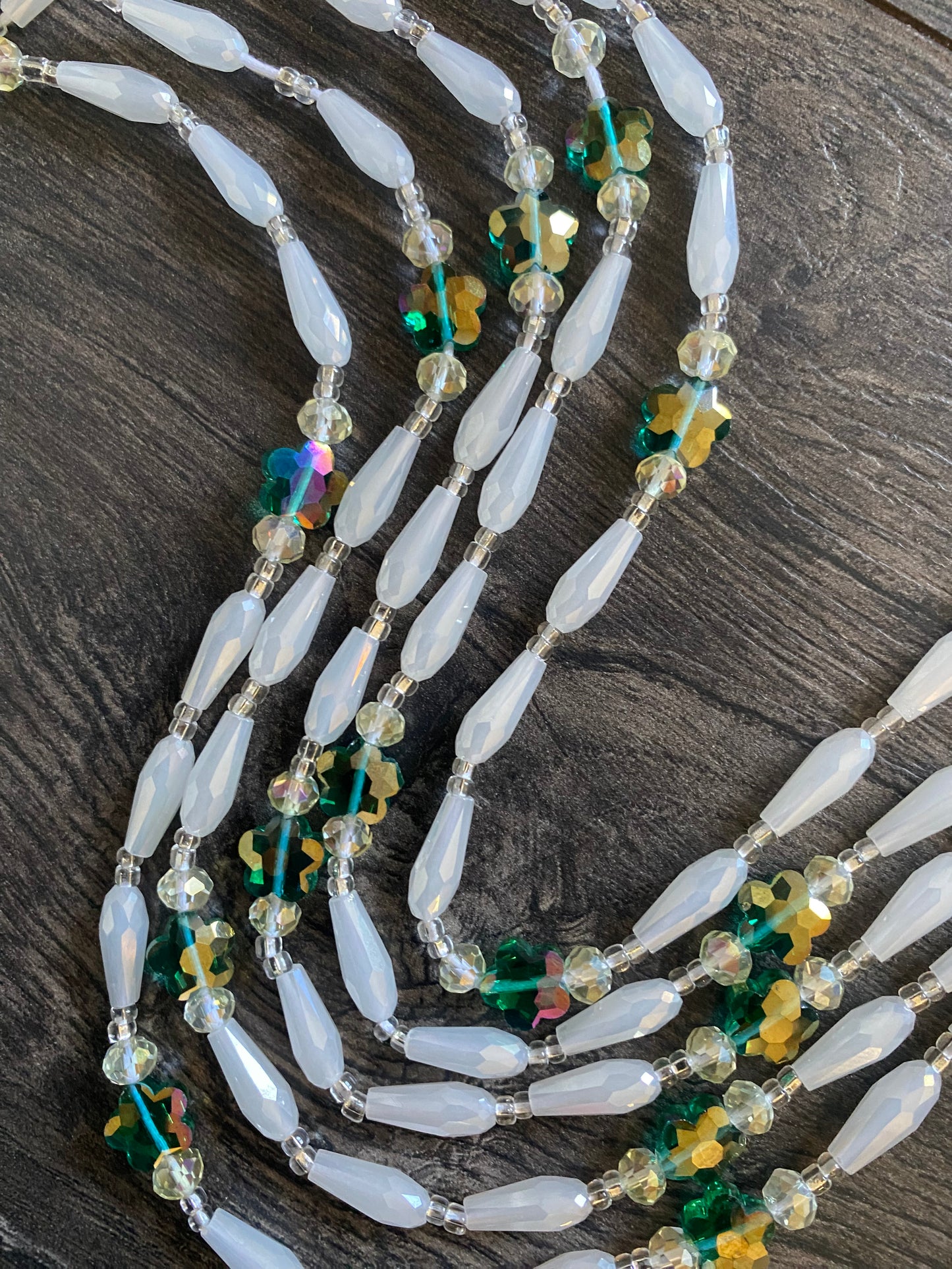 Emerald Pearl | Bridal | Waist Bead for the New Year |  Waist Beads – Luxury Tie-On Beaded Jewelry | Crystal White | Crystal & Silver with Pink | Body Adornment & Weight Tracking- 45–Inches
