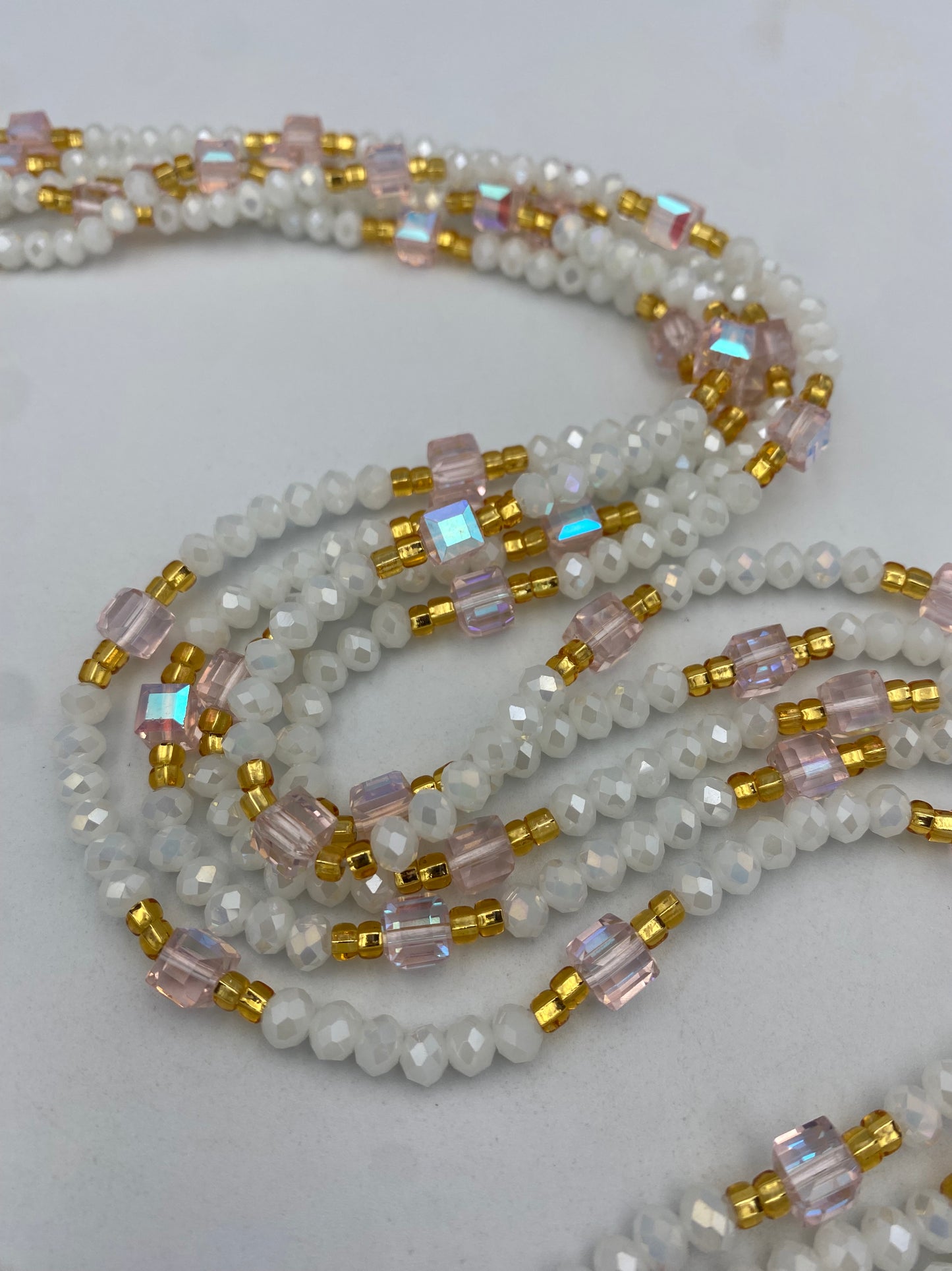 Hope- White & soft pink crystal WaistBead | Luxury Crystal Waist Bead | Tie On | 45”
