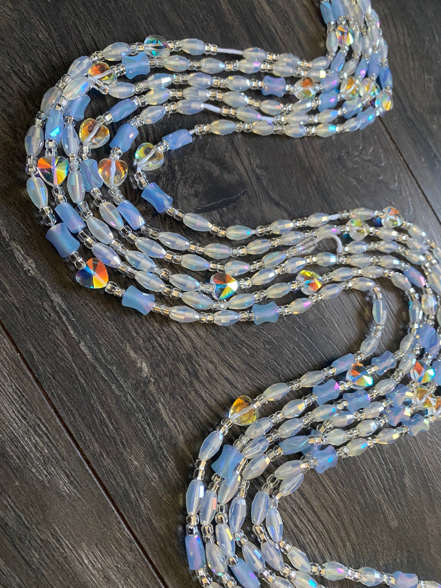 Cloud Mist | Waist Bead for the New Year |  Waist Beads – Luxury Tie-On Beaded Jewelry | Crystal & Silver with Blue | Body Adornment & Weight Tracking- PRice per WaistBead | 45–Inches