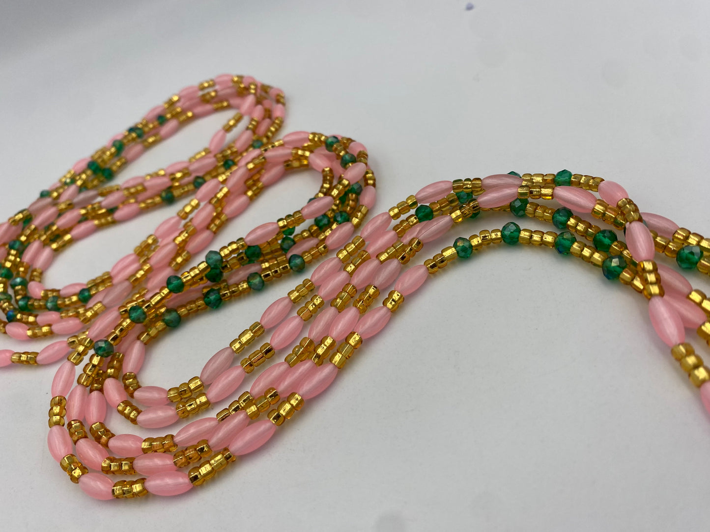 Pink Gold & Green Glow in the Dark Tie-On Waist Beads (45”-50”)