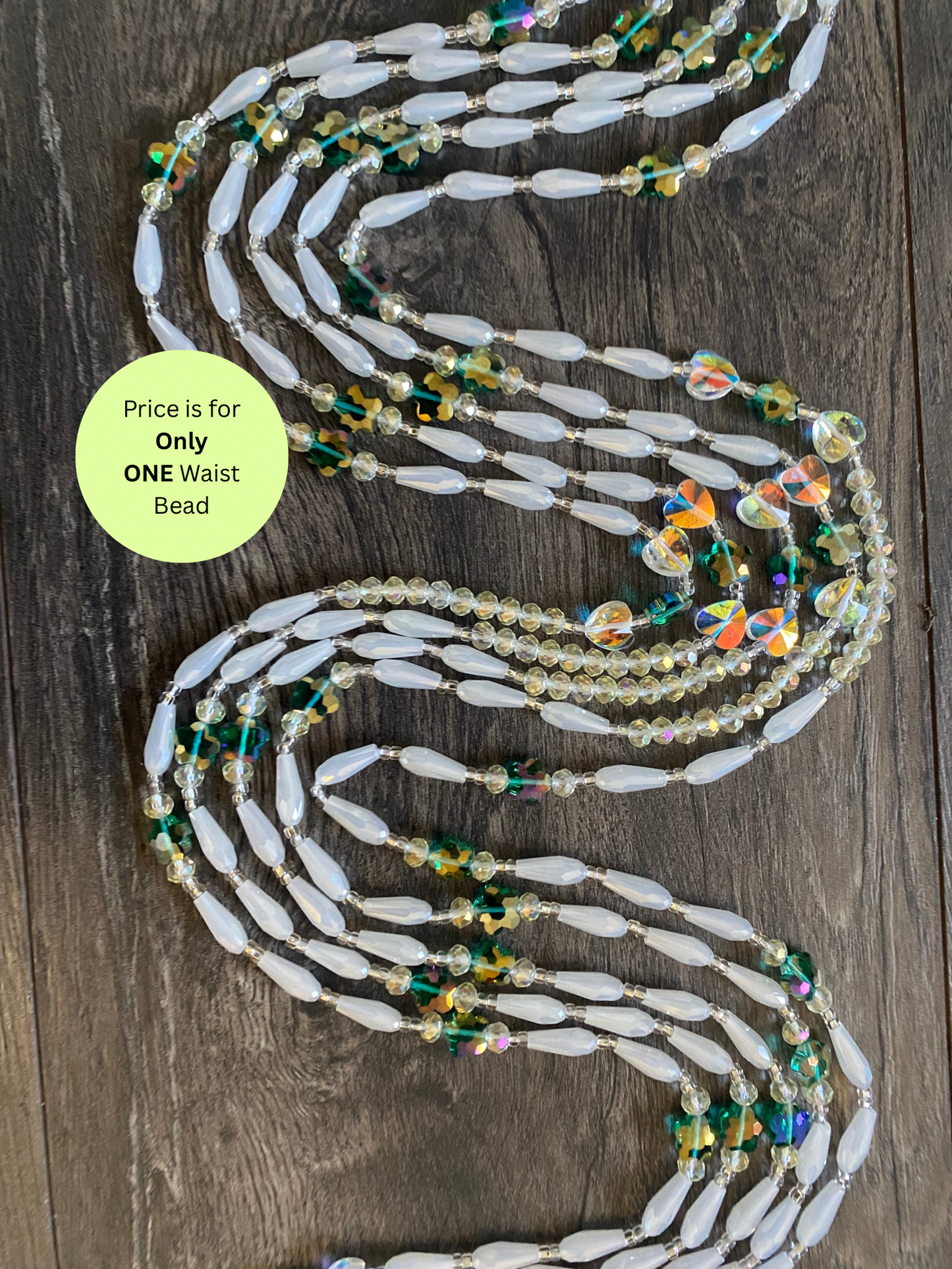 Emerald Pearl | Bridal | Waist Bead for the New Year |  Waist Beads – Luxury Tie-On Beaded Jewelry | Crystal White | Crystal & Silver with Pink | Body Adornment & Weight Tracking- 45–Inches