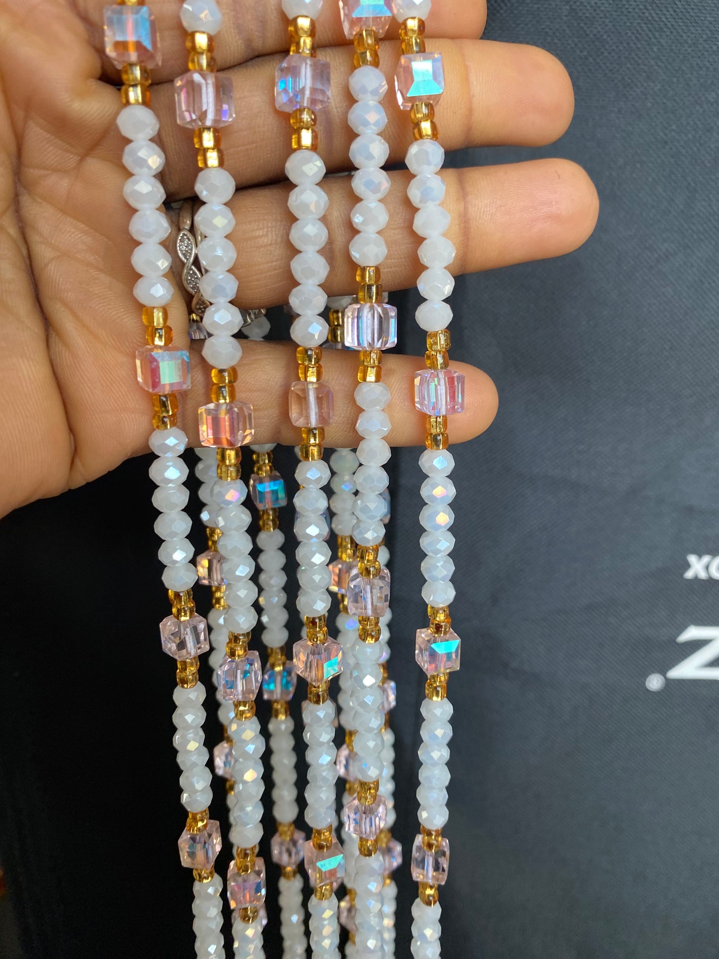 Hope- White & soft pink crystal WaistBead | Luxury Crystal Waist Bead | Tie On | 45”