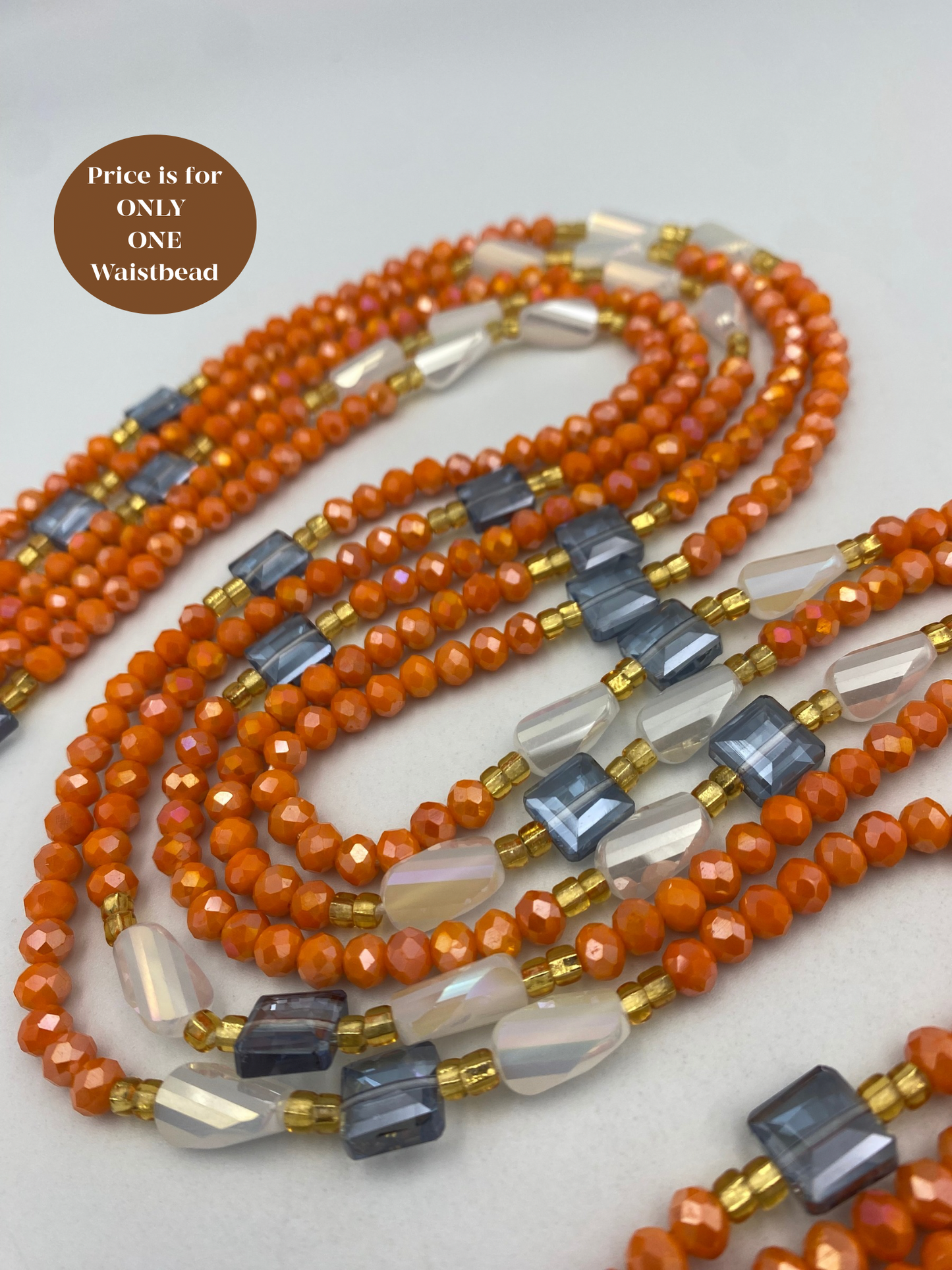 Amber Smoke - Crystal Waist Beads – Handmade Tie-On Waist Bead Strand (45”–50”) | Orange Glass Beads for Women