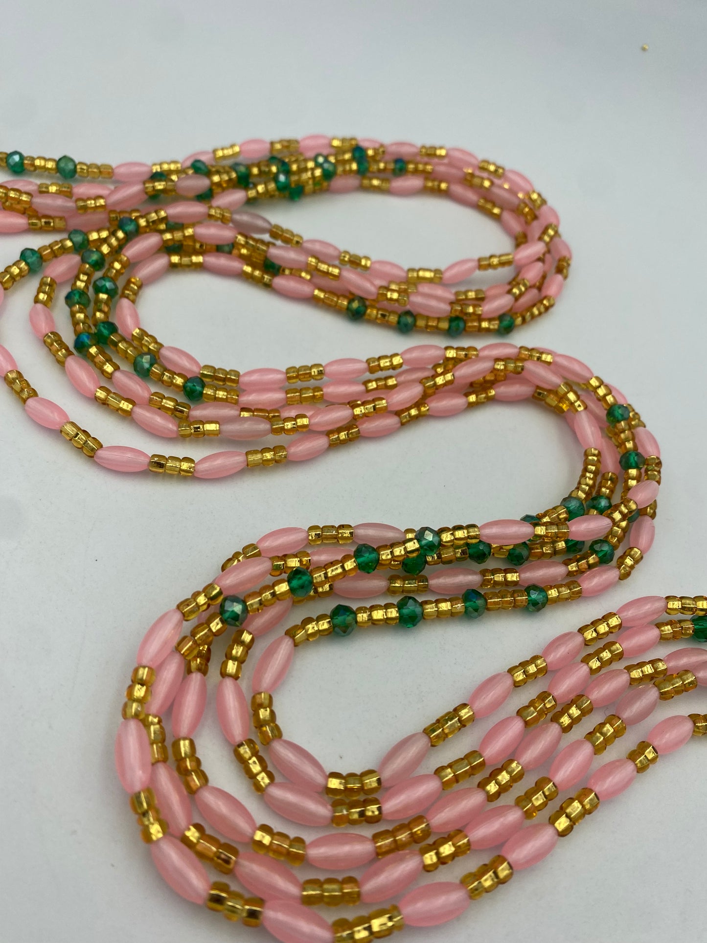 Pink Gold & Green Glow in the Dark Tie-On Waist Beads (45”-50”)