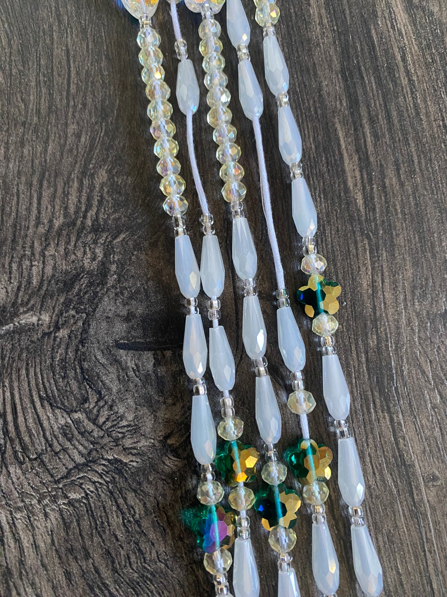 Emerald Pearl | Bridal | Waist Bead for the New Year |  Waist Beads – Luxury Tie-On Beaded Jewelry | Crystal White | Crystal & Silver with Pink | Body Adornment & Weight Tracking- 45–Inches