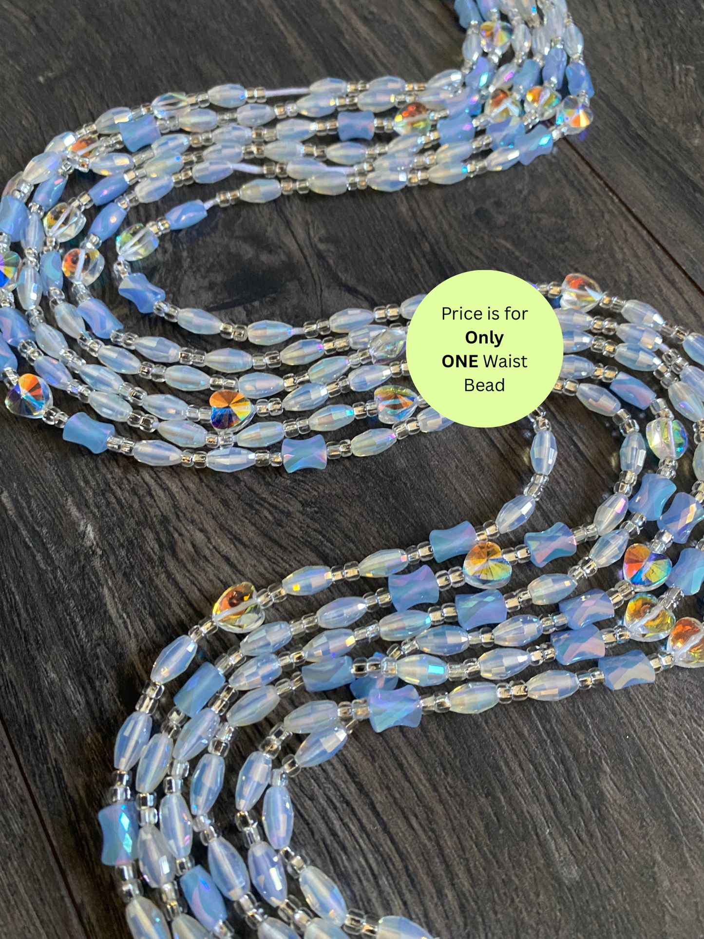 Cloud Mist | Waist Bead for the New Year |  Waist Beads – Luxury Tie-On Beaded Jewelry | Crystal & Silver with Blue | Body Adornment & Weight Tracking- PRice per WaistBead | 45–Inches