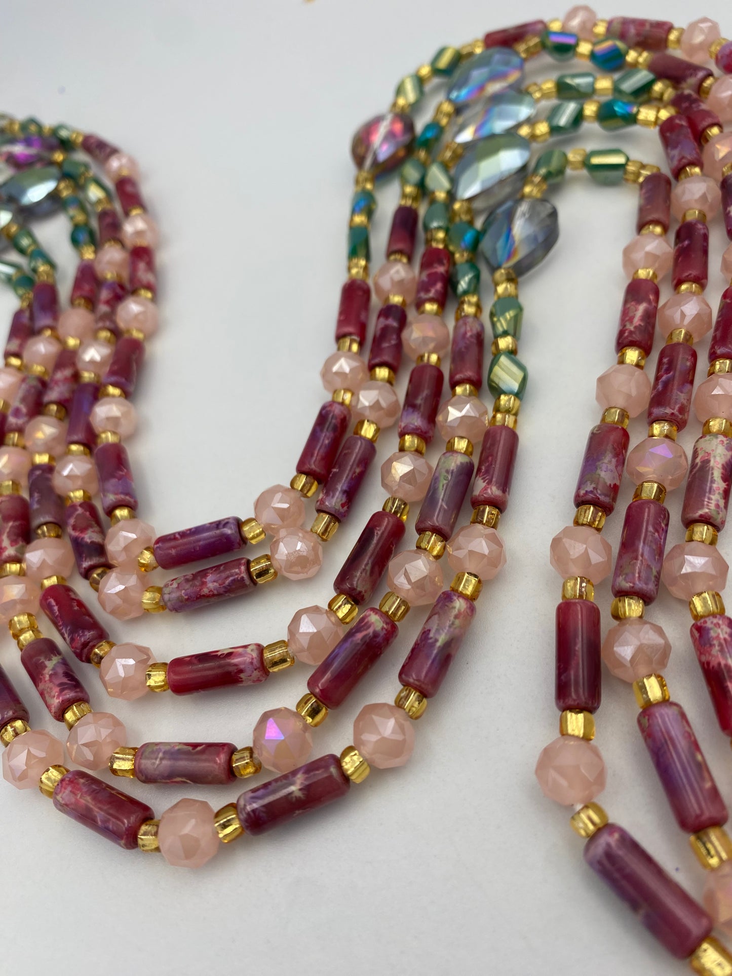 Ruby Rain | Waist Bead for the New Year |  Waist Beads – Luxury Tie-On Beaded Jewelry | Deep Red Emerald Green Pink & Gold | Crystal Waist Bead | Body Adornment & Weight Tracking- 45–Inches