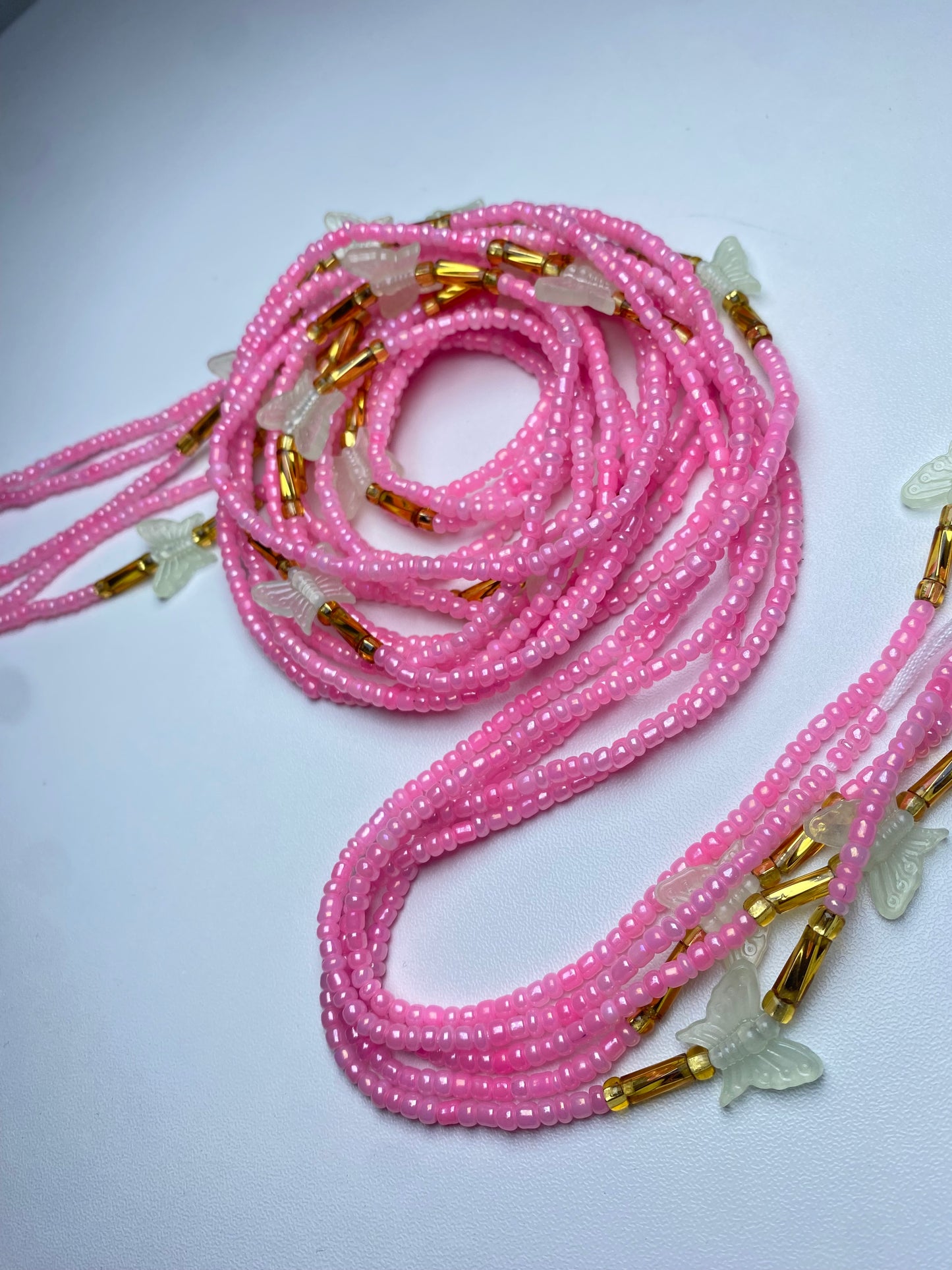 Pink Waistbeads With Glow in the Dark Butterflies Waist Beads- Tie on 45"-50
