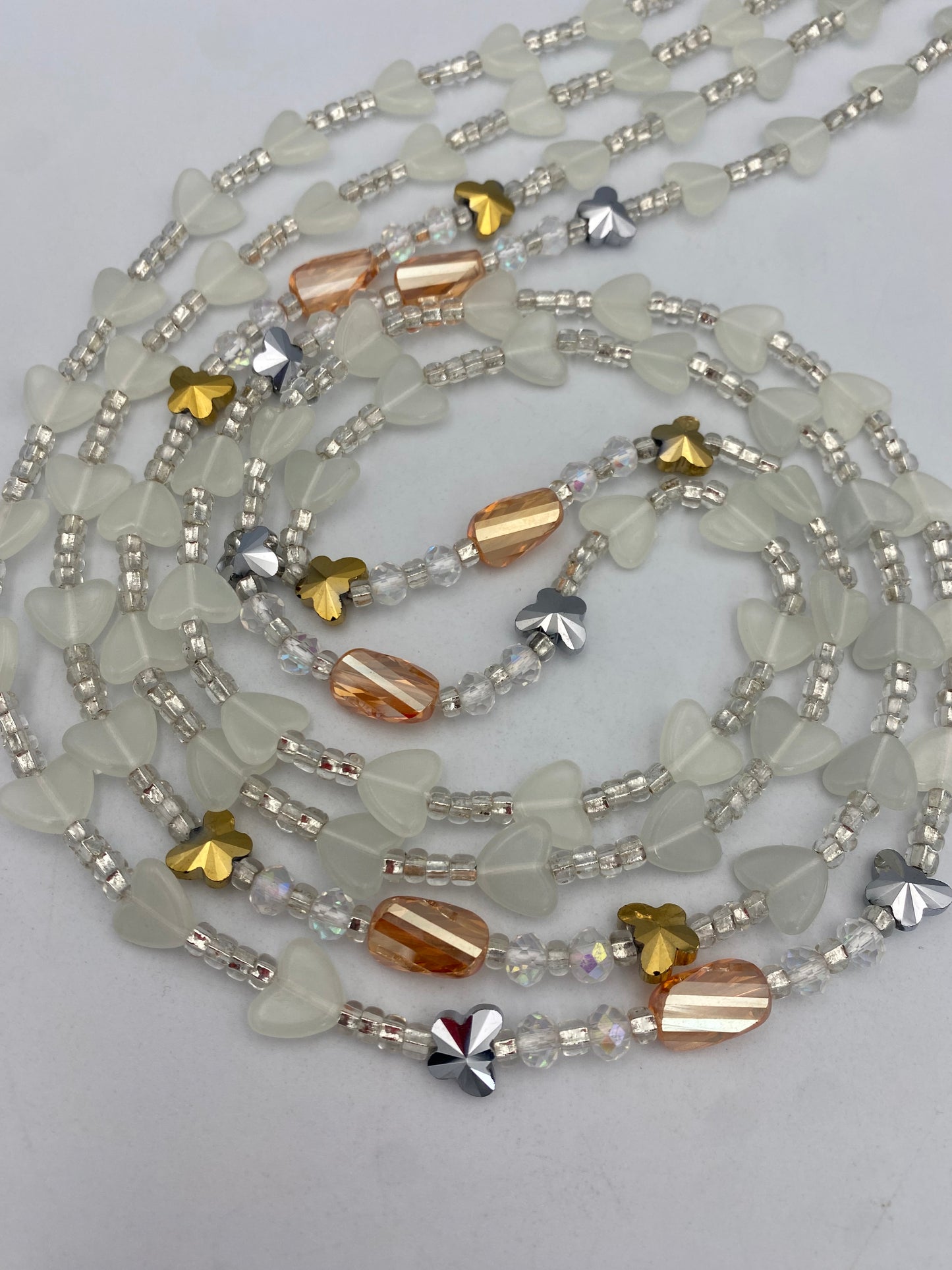 Subtle Glow in the dark Waist Beads- Hearts- Love |  African Waistbeads-Tie On 45"- 50"- Price Per Waist Bead- Add to Cart Now