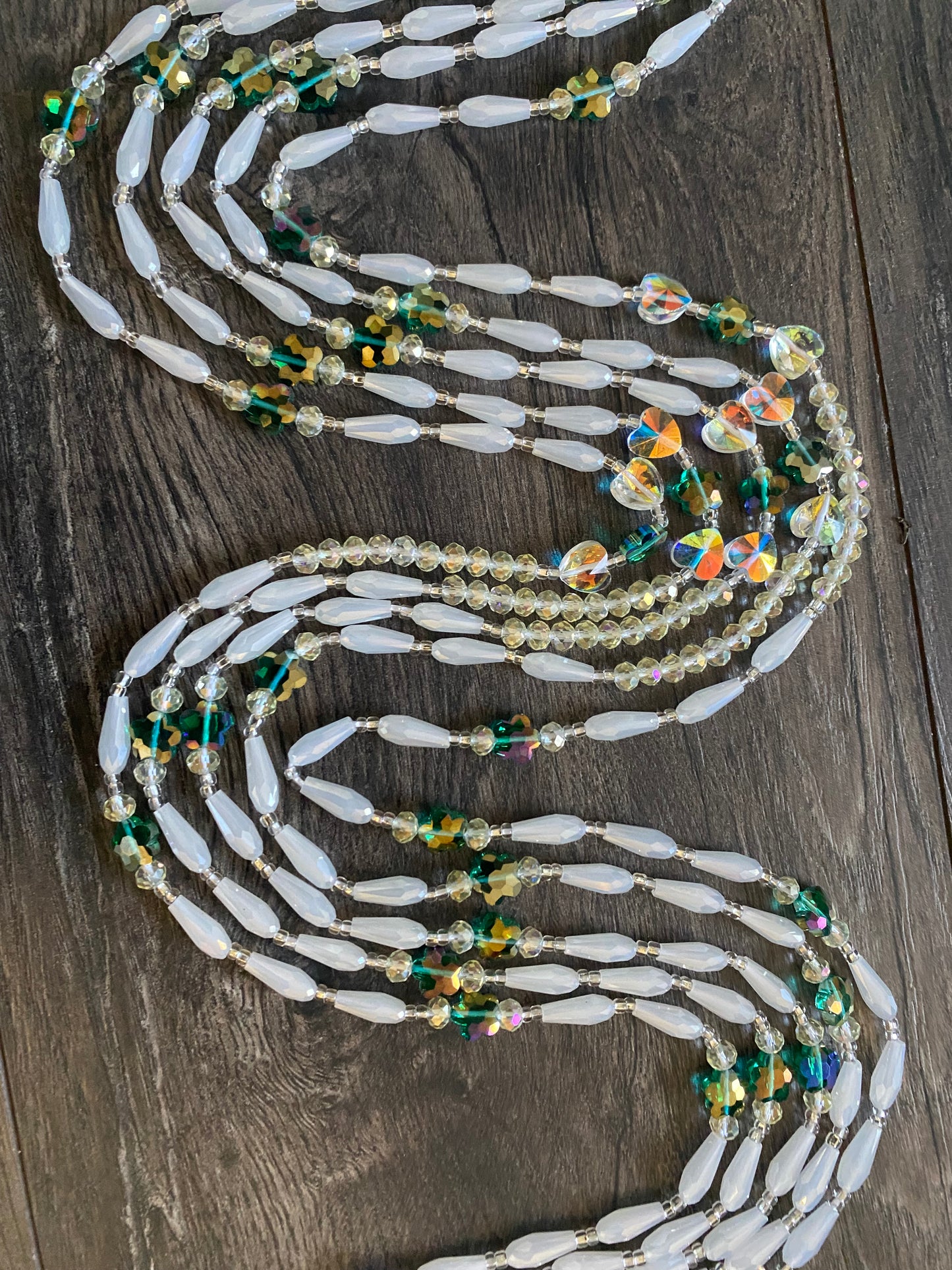 Emerald Pearl | Bridal | Waist Bead for the New Year |  Waist Beads – Luxury Tie-On Beaded Jewelry | Crystal White | Crystal & Silver with Pink | Body Adornment & Weight Tracking- 45–Inches