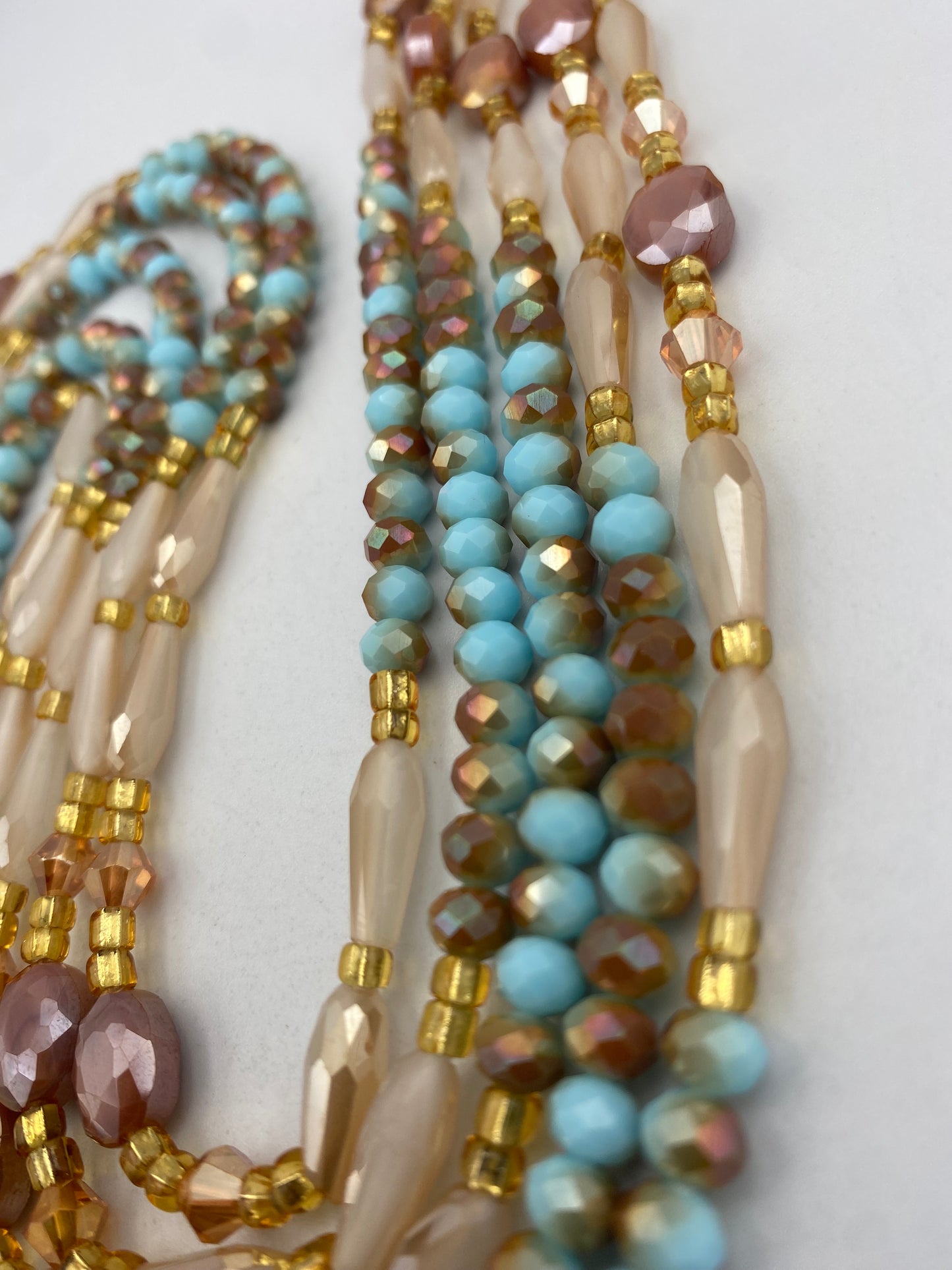 Ocean Dust Crystal Waist Beads – Handmade Tie-On Waist Bead Strand (45”–50”) | Aqua Blue, Gold & Opal Glass Beads for Women