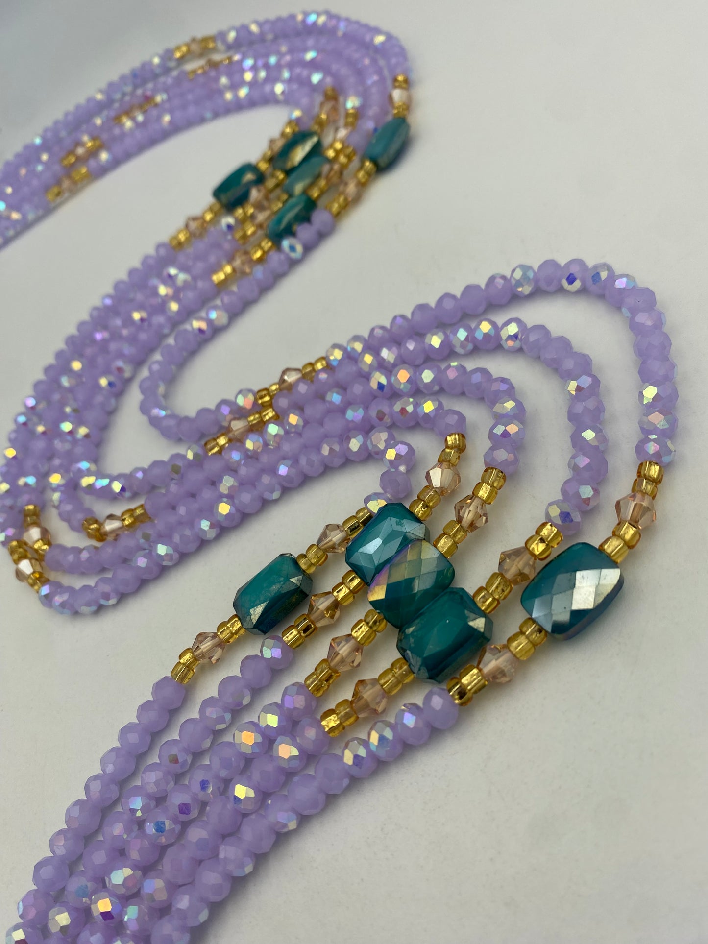 Abby | Lavender- Purple  & Emerald Green| Waist Bead Weightloss |  Waist Beads – Luxury Tie-On Beaded Jewelry | Crystal WaistBead  | Body Adornment & Weight Tracking- 45–Inches