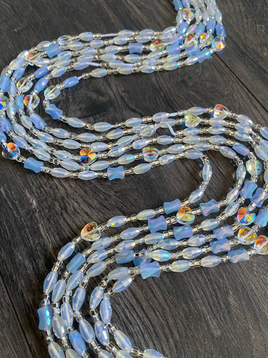 Cloud Mist | Waist Bead for the New Year |  Waist Beads – Luxury Tie-On Beaded Jewelry | Crystal & Silver with Blue | Body Adornment & Weight Tracking- PRice per WaistBead | 45–Inches