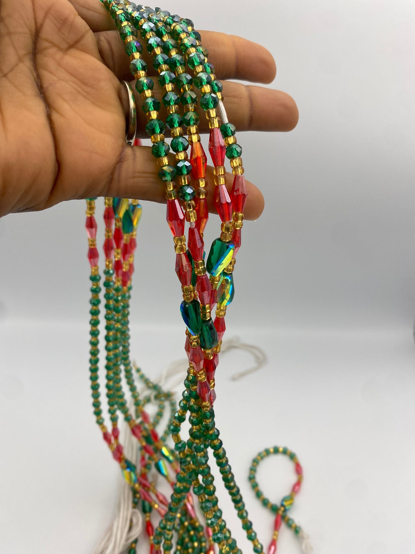 Green & Red Crystal Waist Bead- Tie on
