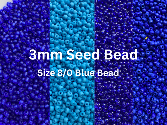 3mm- 8/0 Blue Seed Beads, 3mm, Perfect for Jewelry Making- Indigo, Frosted Blue, Light Blue, Glossy Blue beads