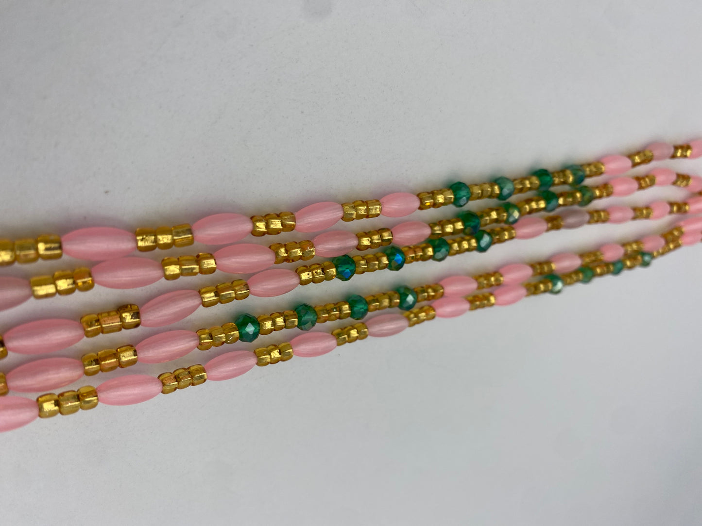 Pink Gold & Green Glow in the Dark Tie-On Waist Beads (45”-50”)
