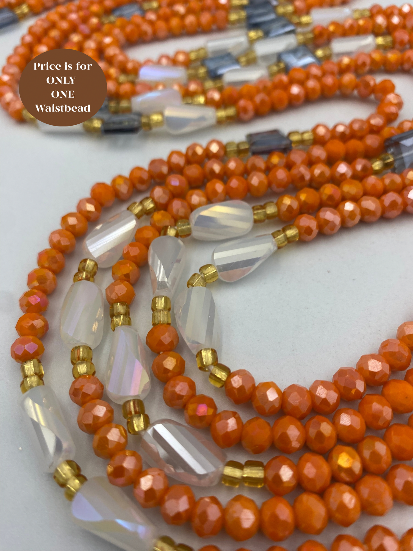 Amber Smoke - Crystal Waist Beads – Handmade Tie-On Waist Bead Strand (45”–50”) | Orange Glass Beads for Women