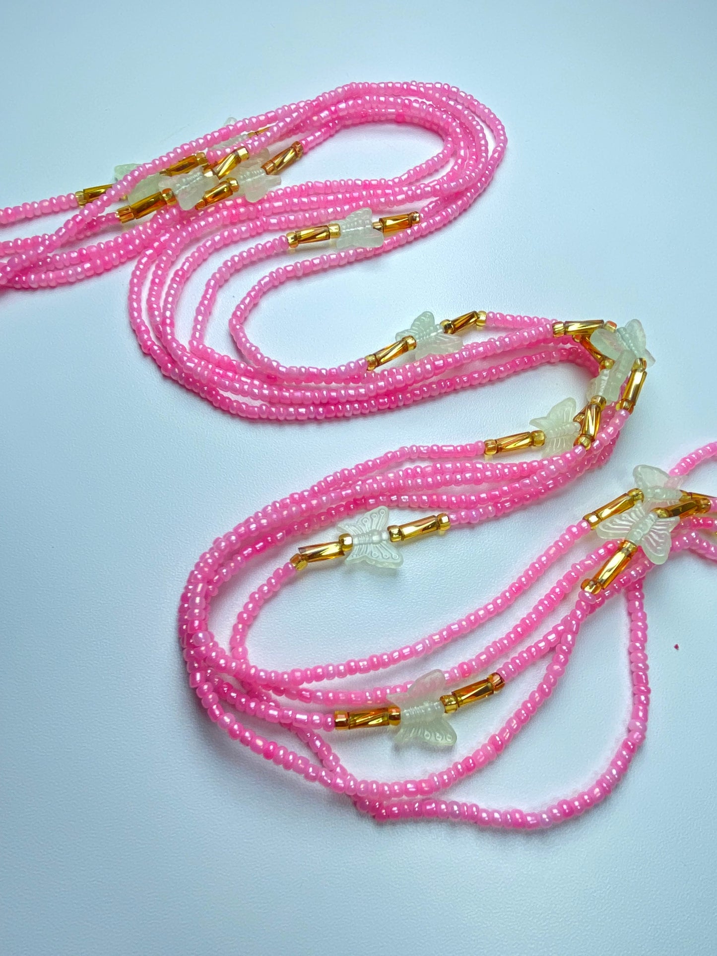 Pink Waistbeads With Glow in the Dark Butterflies Waist Beads- Tie on 45"-50