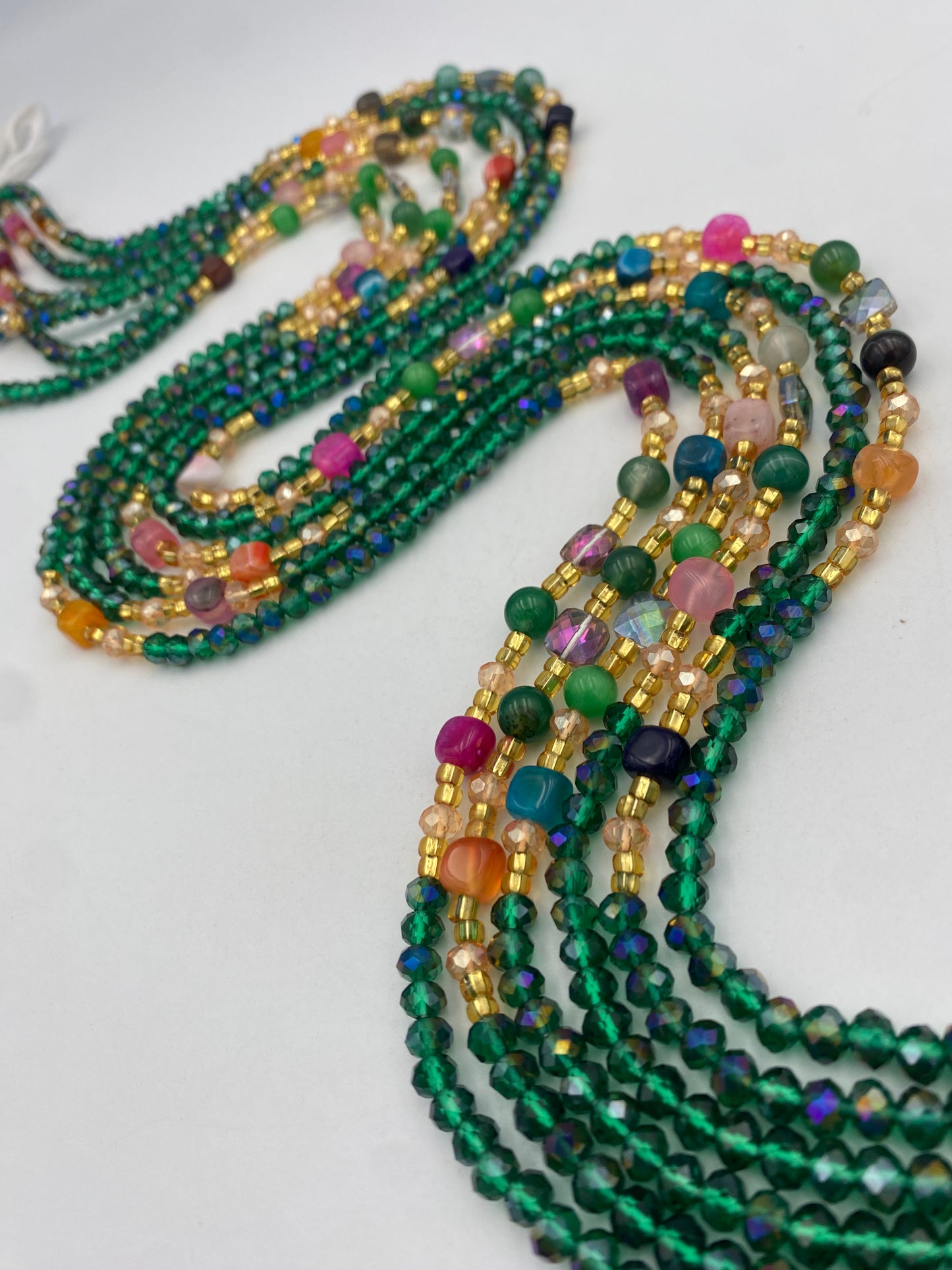 Green Crystal Waist Bead |  Waist Beads – Luxury Tie-On Beaded Jewelry | Crystal & Silver with Pink | Emerald Green | Body Adornment & Weight Tracking- 45–Inches