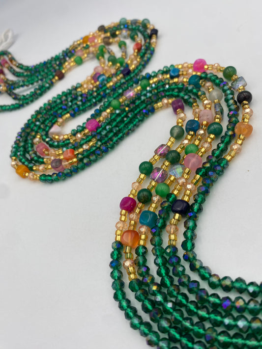 Green Crystal Waist Bead |  Waist Beads – Luxury Tie-On Beaded Jewelry | Crystal & Silver with Pink | Emerald Green | Body Adornment & Weight Tracking- 45–Inches
