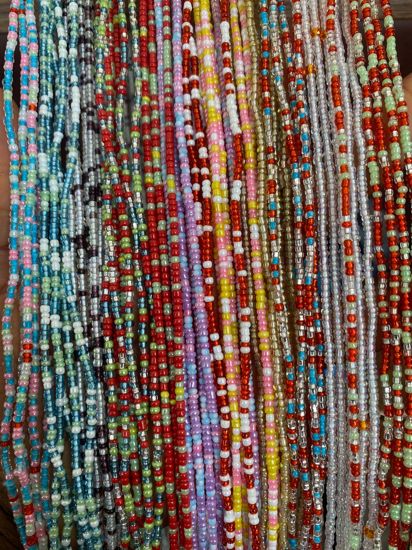 Multicolored handmade tie-on waist bead, 45-50 inches