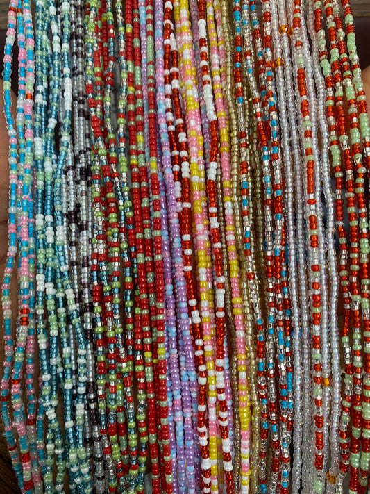 Multicolored handmade tie-on waist bead, 45-50 inches