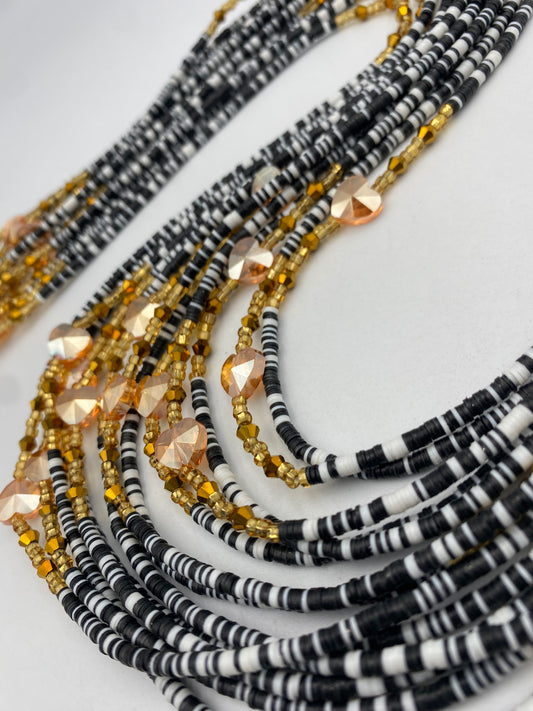 Black & White Vinyl Waist Bead- Clay beads- Flat disc waistbeads- 45”- 50”