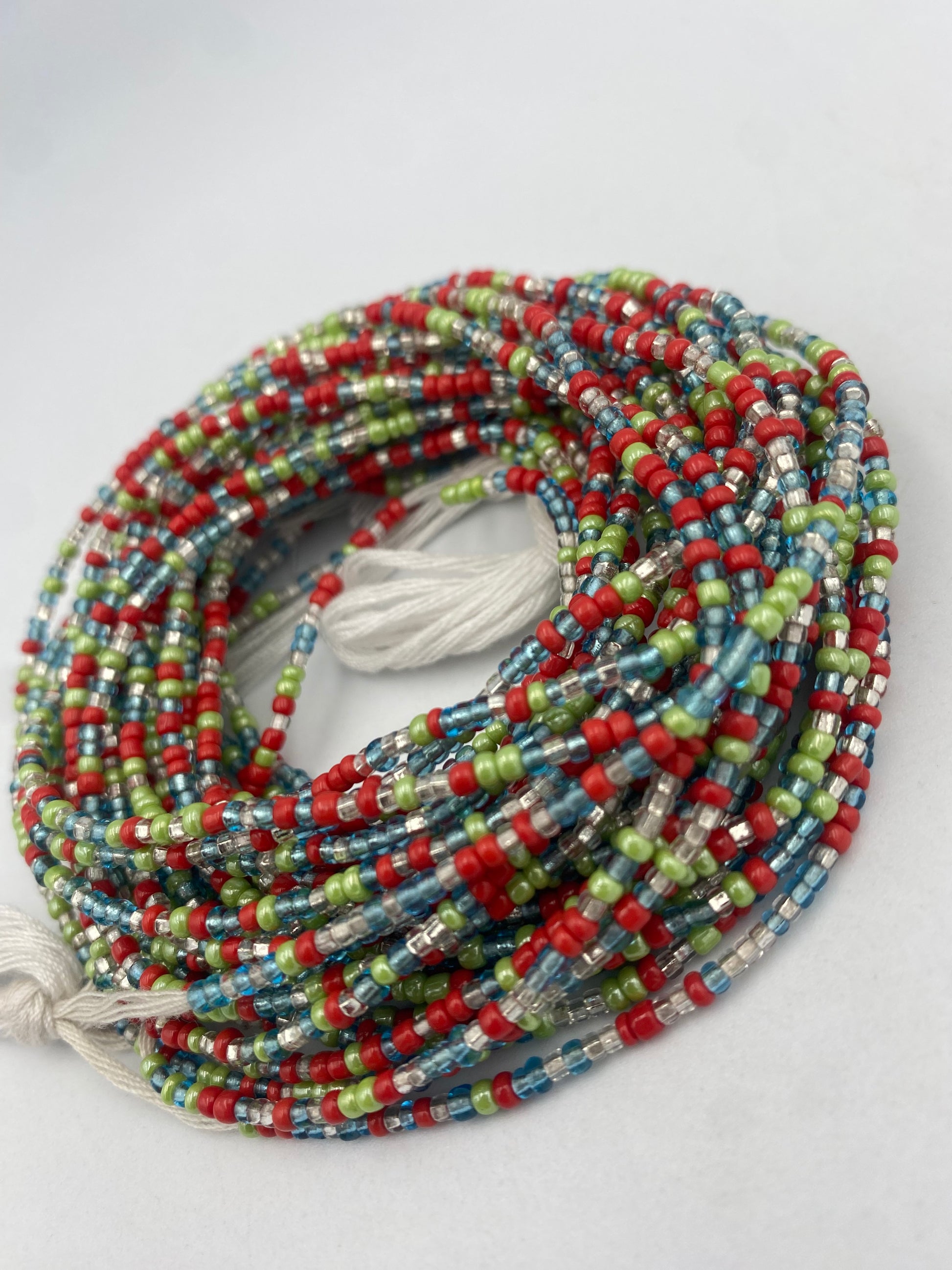 Multicolored handmade tie-on waist bead, 45-50 inches