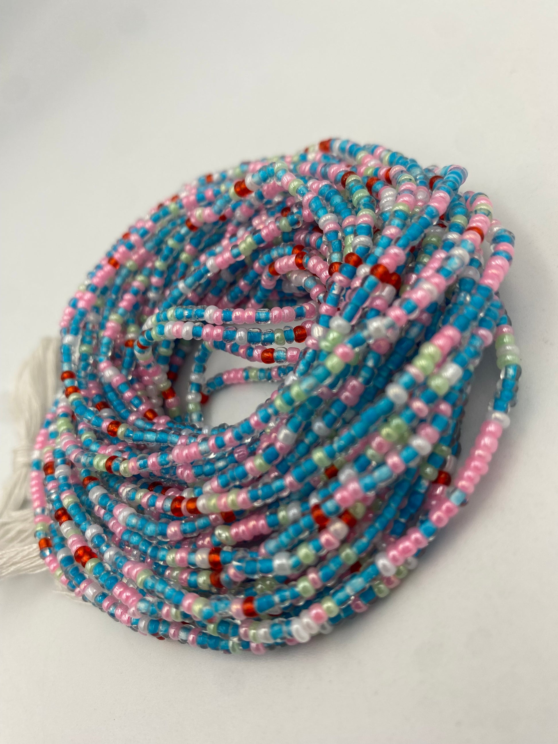 Multicolored handmade tie-on waist bead, 45-50 inches