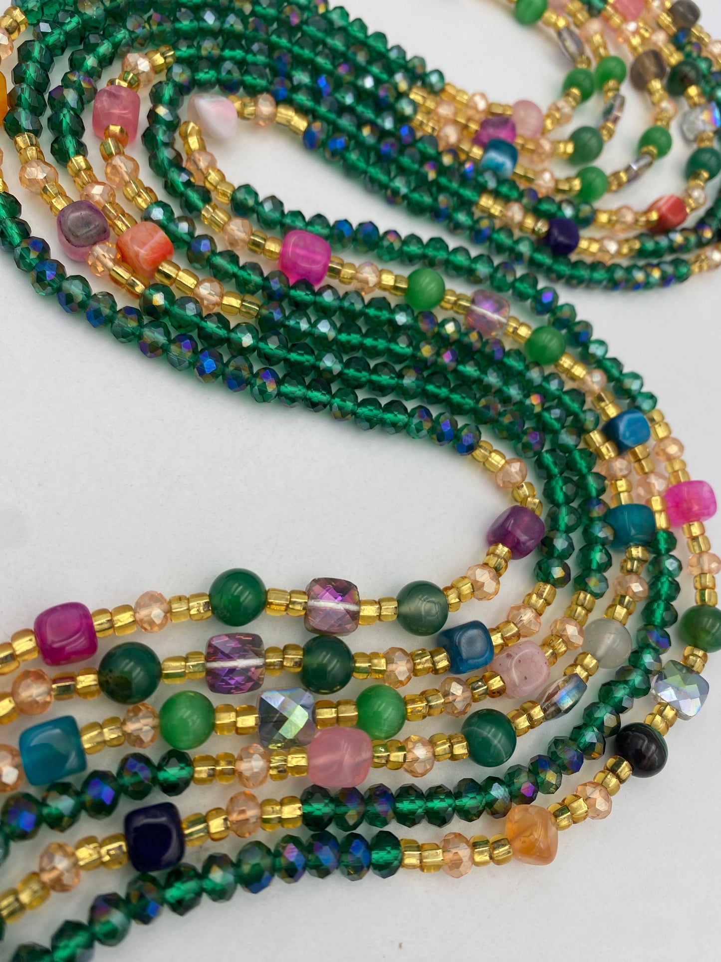 Green Crystal Waist Bead |  Waist Beads – Luxury Tie-On Beaded Jewelry | Crystal & Silver with Pink | Emerald Green | Body Adornment & Weight Tracking- 45–Inches