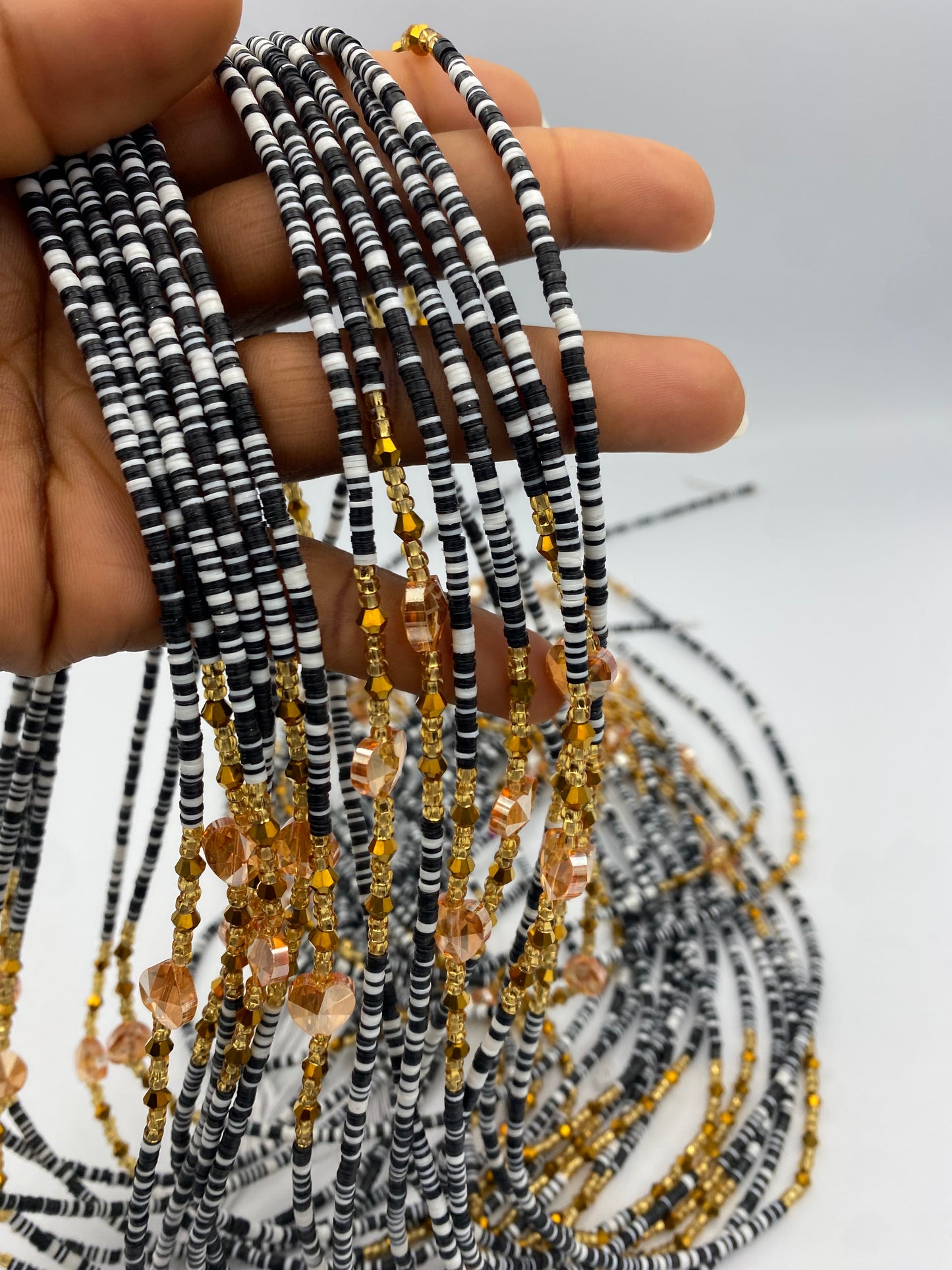 Black & White Vinyl Waist Bead- Clay beads- Flat disc waistbeads- 45”- 50”