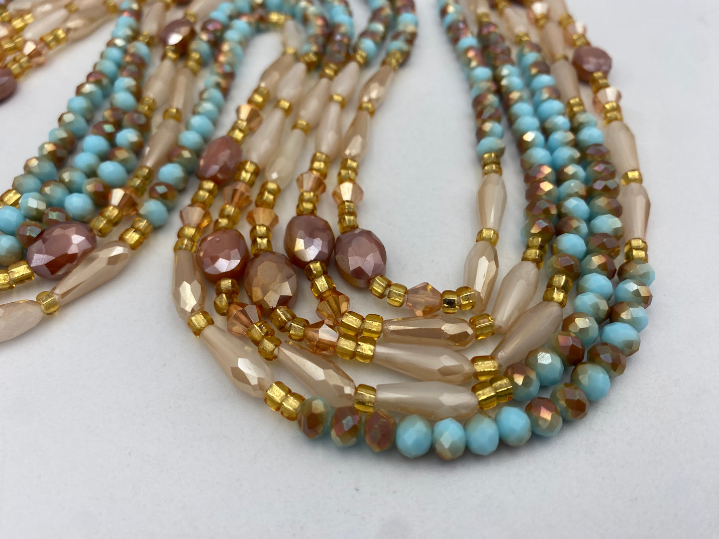 Ocean Dust Crystal Waist Beads – Handmade Tie-On Waist Bead Strand (45”–50”) | Aqua Blue, Gold & Opal Glass Beads for Women