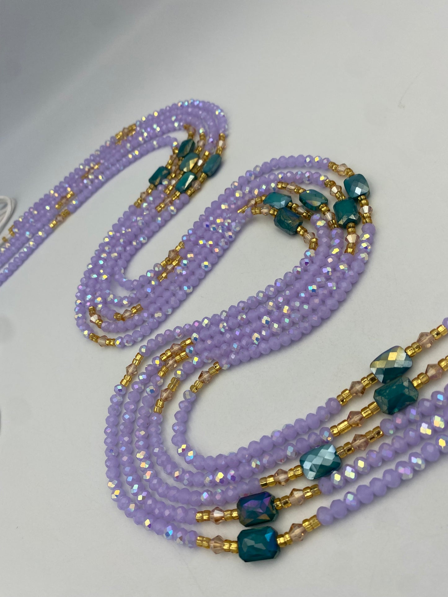 Abby | Lavender- Purple  & Emerald Green| Waist Bead Weightloss |  Waist Beads – Luxury Tie-On Beaded Jewelry | Crystal WaistBead  | Body Adornment & Weight Tracking- 45–Inches