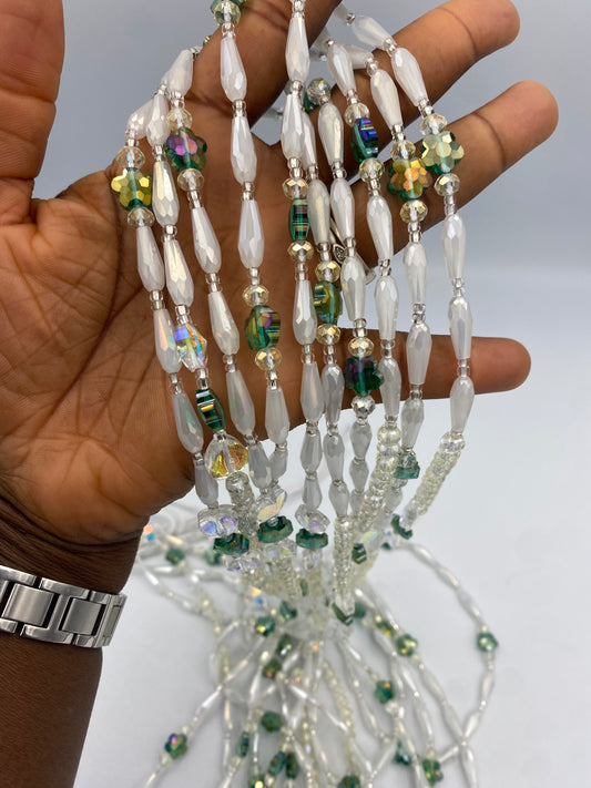 Emerald Pearl | Bridal | Waist Bead for the New Year |  Waist Beads – Luxury Tie-On Beaded Jewelry | Crystal White | Crystal & Silver with Pink | Body Adornment & Weight Tracking- 45–Inches