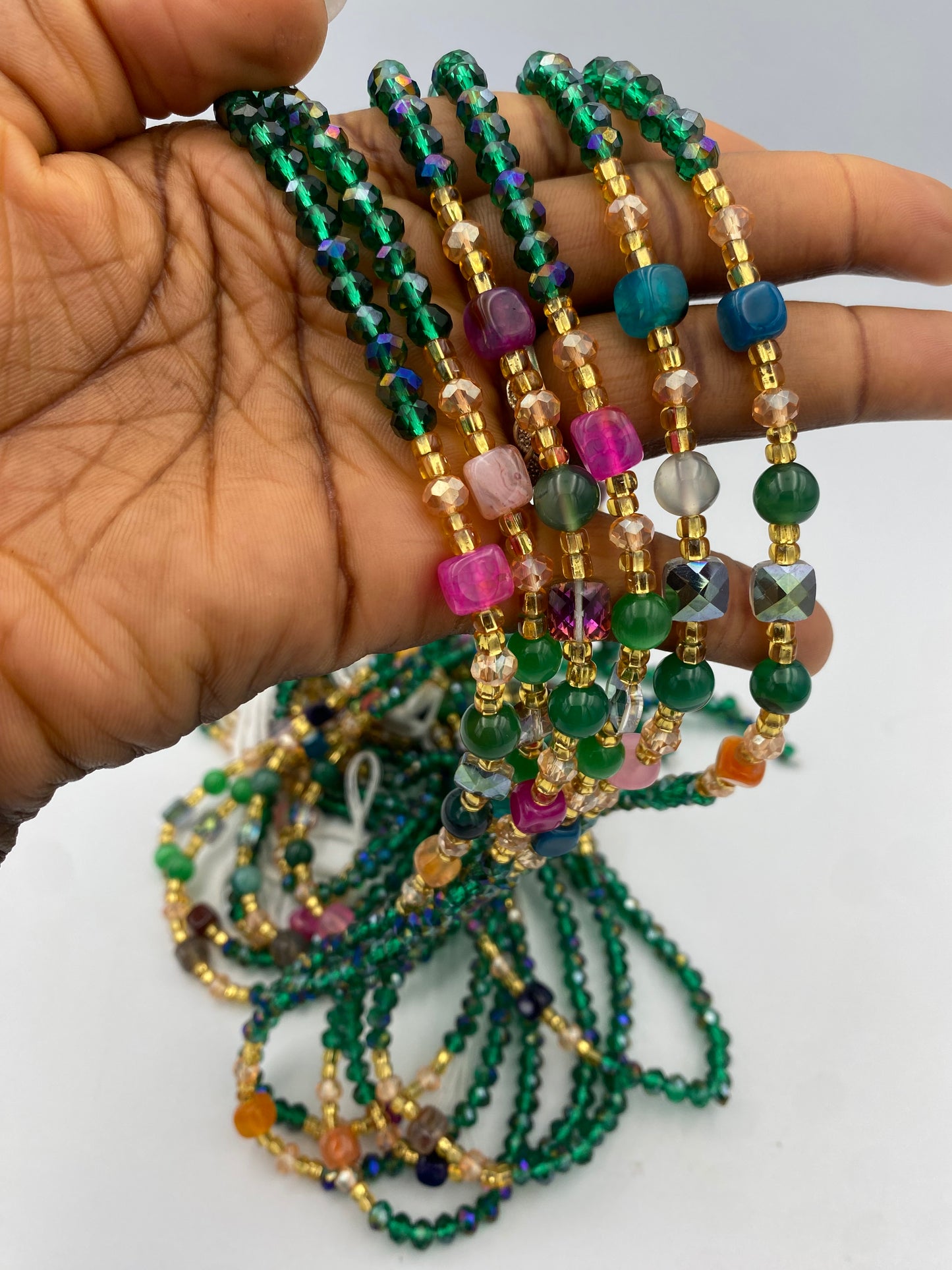 Green Crystal Waist Bead |  Waist Beads – Luxury Tie-On Beaded Jewelry | Crystal & Silver with Pink | Emerald Green | Body Adornment & Weight Tracking- 45–Inches