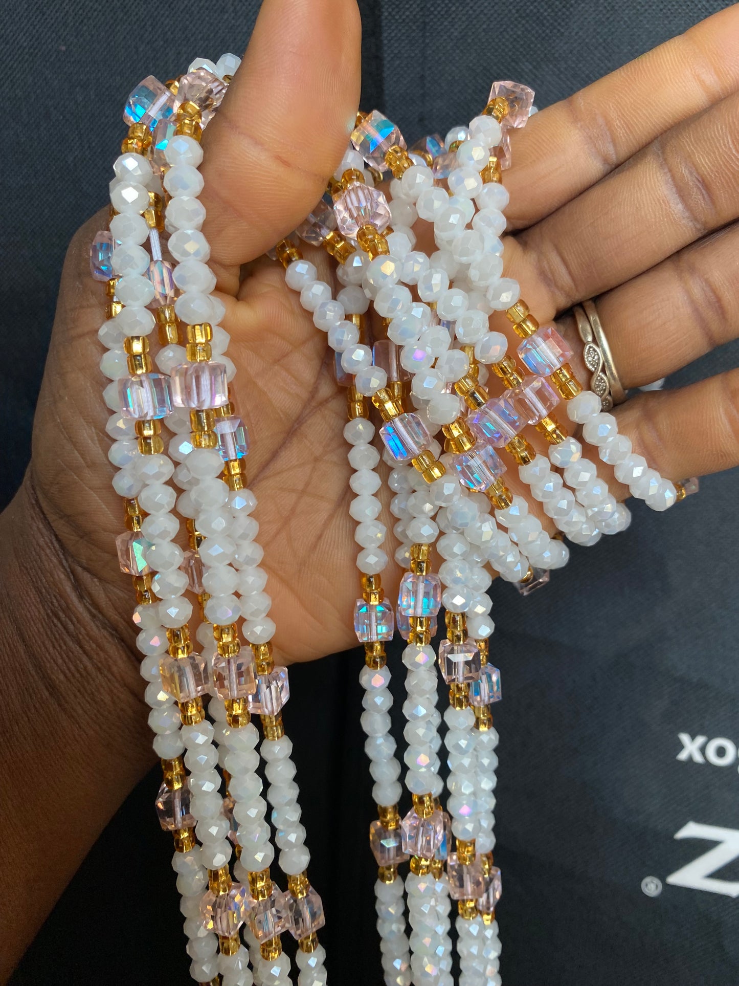 Hope- White & soft pink crystal WaistBead | Luxury Crystal Waist Bead | Tie On | 45”