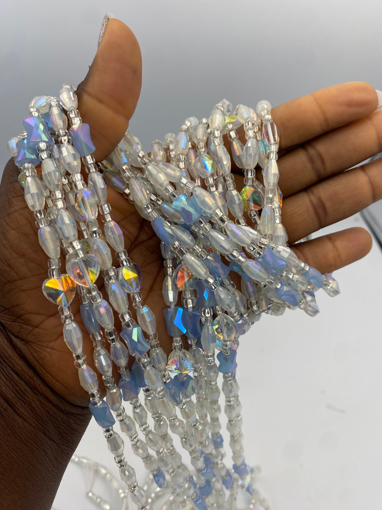 Cloud Mist | Waist Bead for the New Year |  Waist Beads – Luxury Tie-On Beaded Jewelry | Crystal & Silver with Blue | Body Adornment & Weight Tracking- PRice per WaistBead | 45–Inches