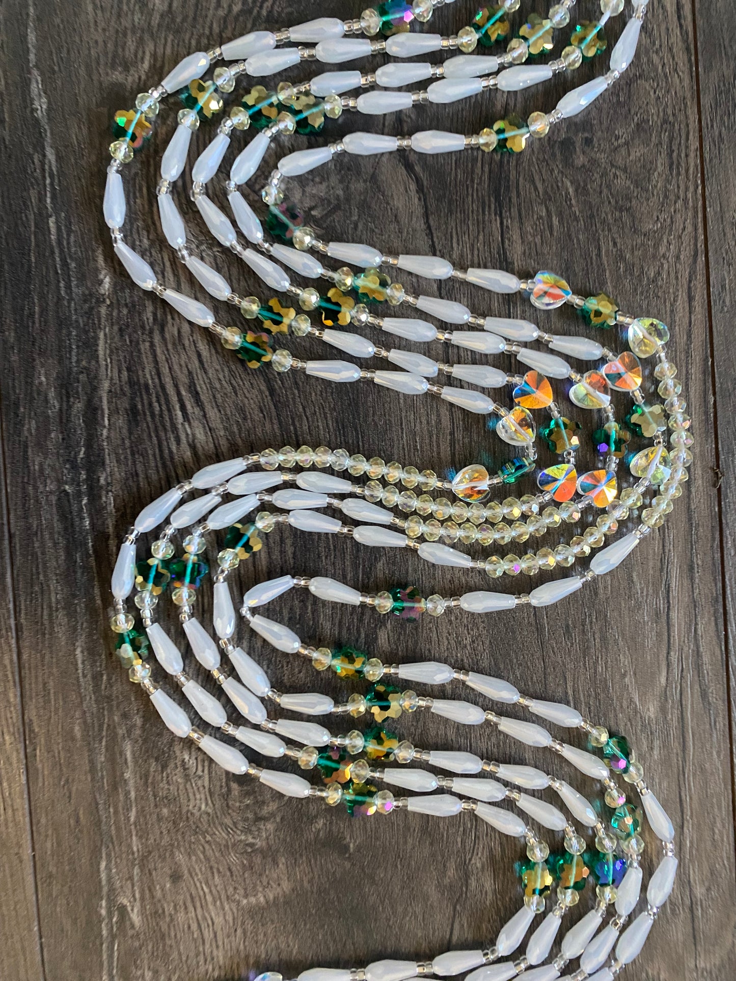 Emerald Pearl | Bridal | Waist Bead for the New Year |  Waist Beads – Luxury Tie-On Beaded Jewelry | Crystal White | Crystal & Silver with Pink | Body Adornment & Weight Tracking- 45–Inches